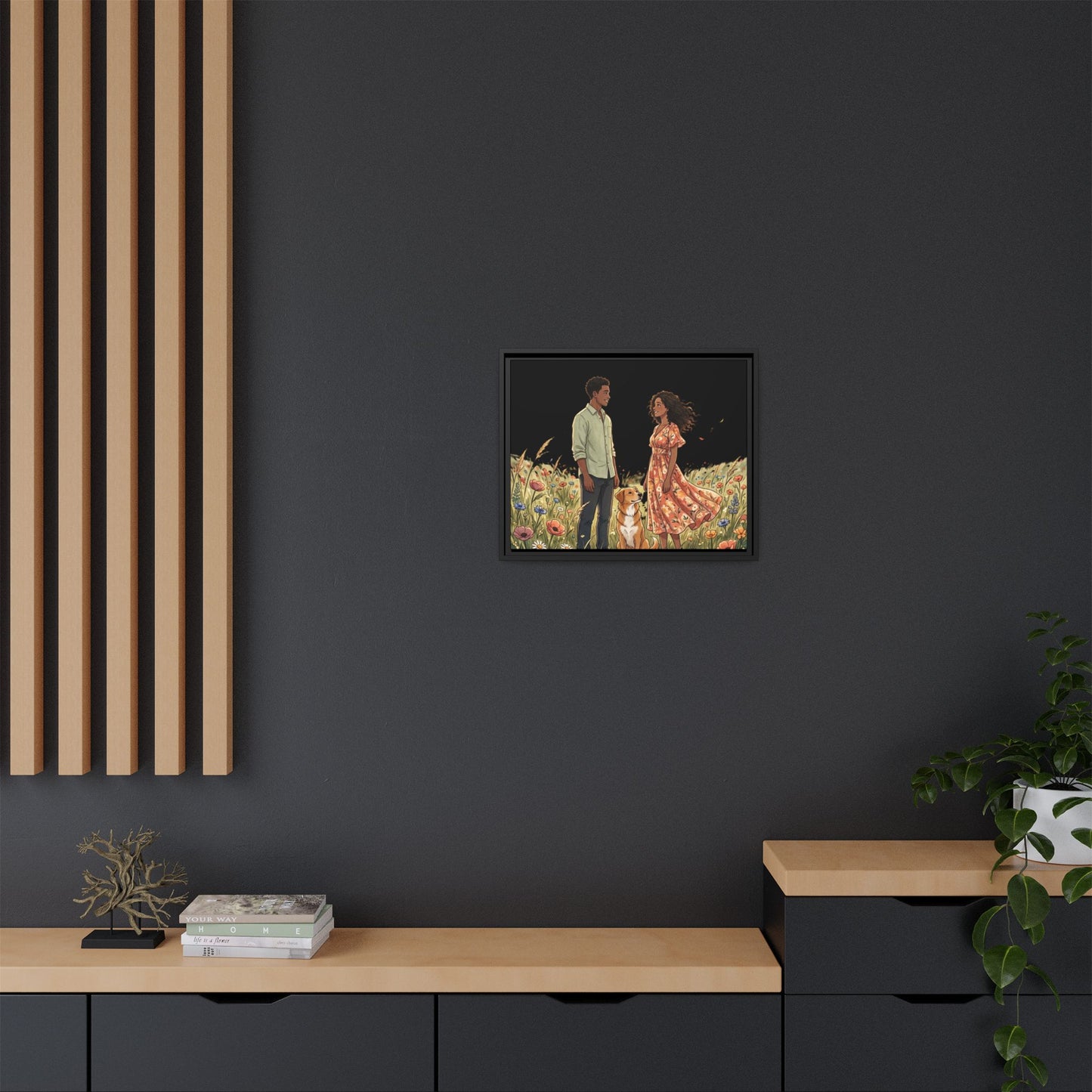 Framed Matte Canvas Print — Romantic Couple in Wildflower Field (Multi‑Color)