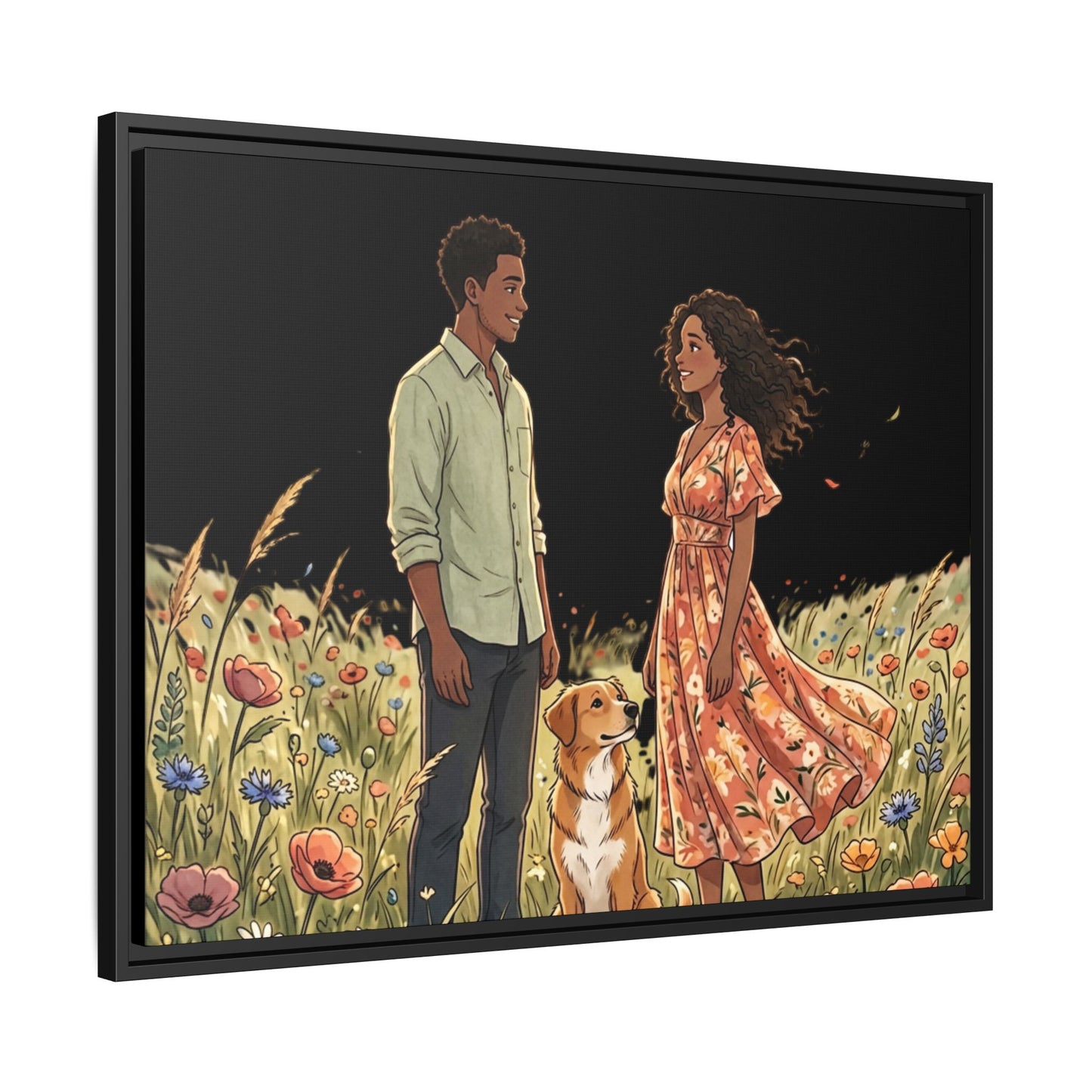 Framed Matte Canvas Print — Romantic Couple in Wildflower Field (Multi‑Color)