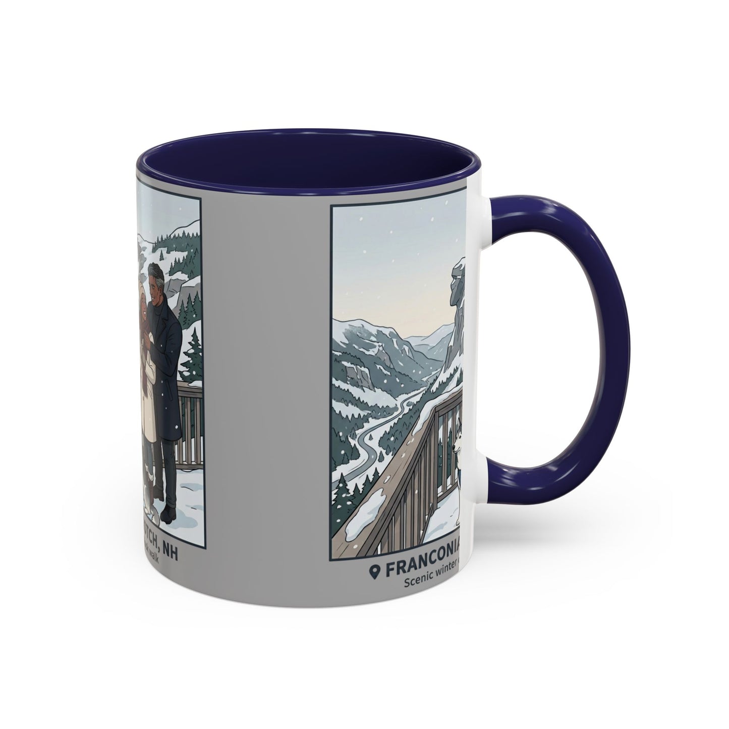 Franconia Notch Scenic Winter Mug — Couples & Dog Snowy Overlook Coffee Cup (11/15oz)