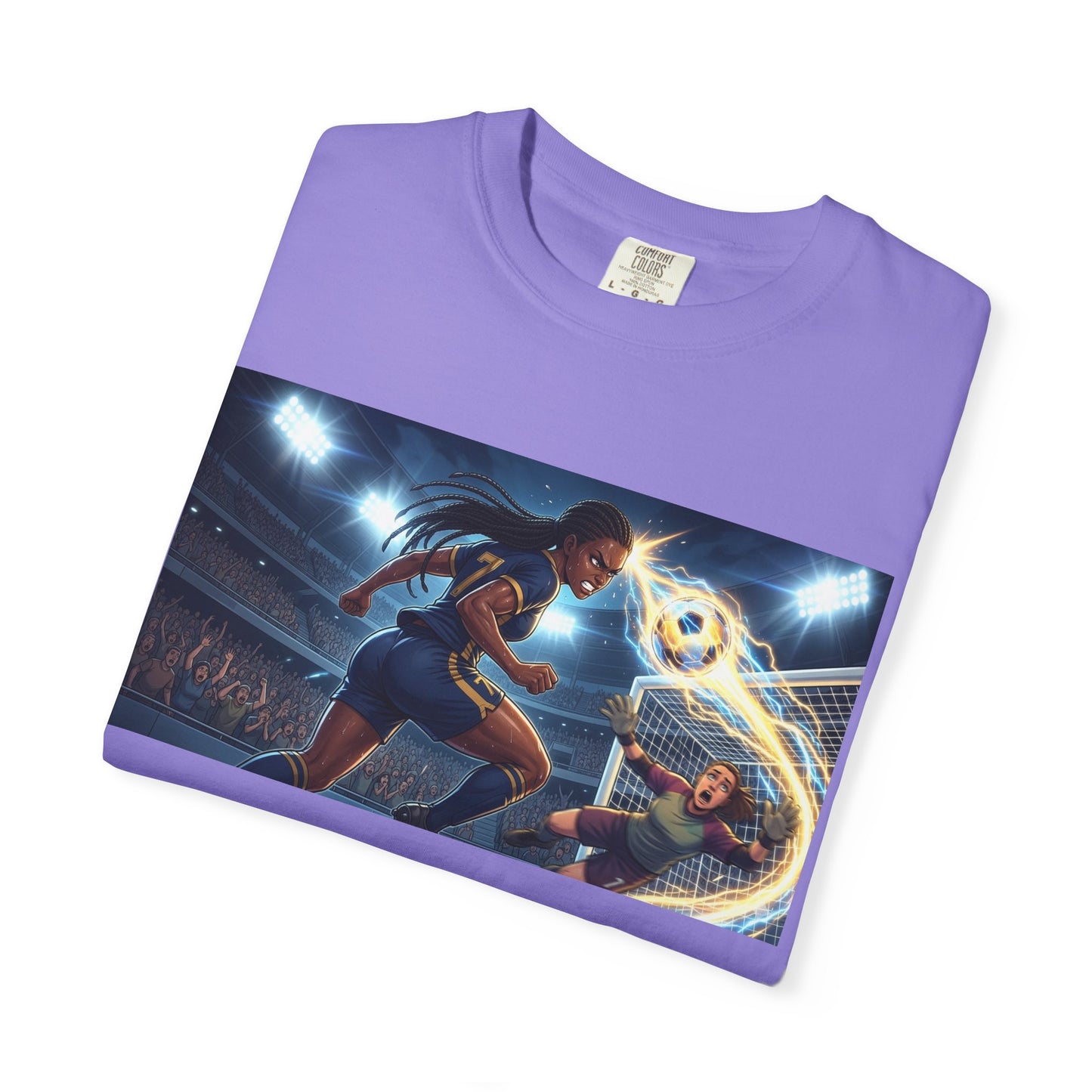 Soccer Duel Graphic T-Shirt — Futuristic Goalkeeper vs Striker Stadium Print