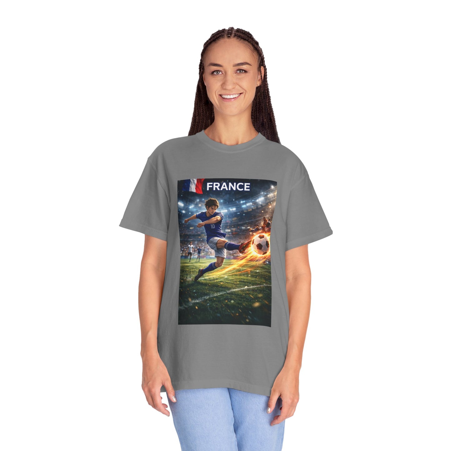 France Soccer Player Graphic T-Shirt — Football Kick Stadium Design