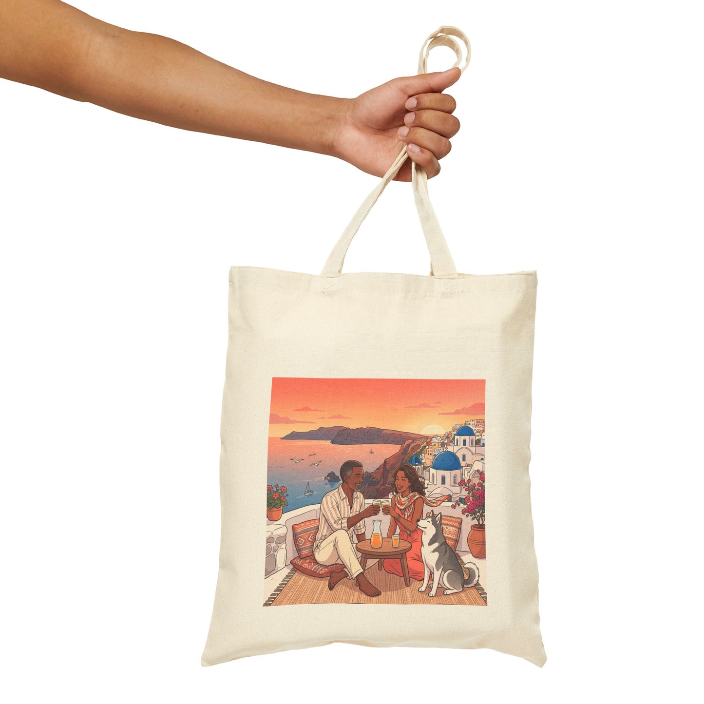 Santorini Sunset Beach Tote — Romantic Couple & Dog Canvas Bag