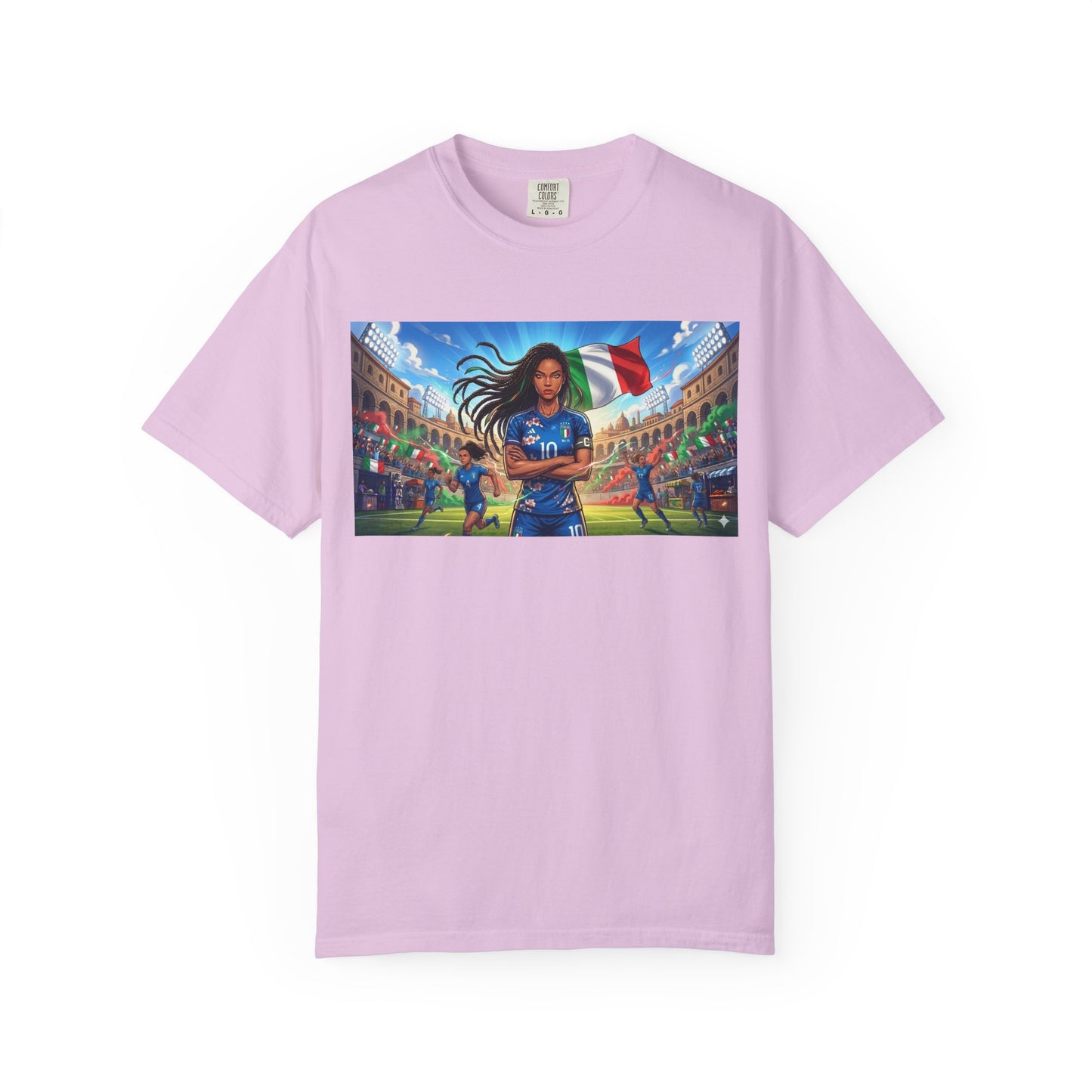 Italian Soccer Fan T‑Shirt – Inspirational Female Player with Italy Flag Stadium Print