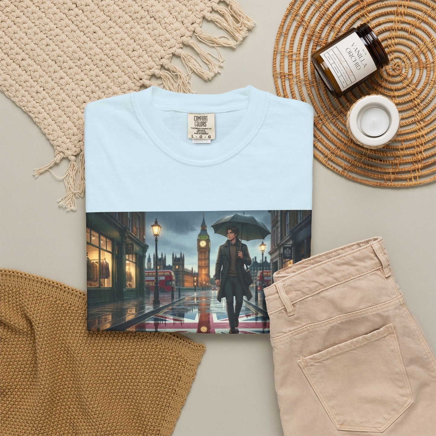 T-Shirt — Rainy London Street Scene Graphic Tee (Big Ben, Umbrella, Night Cityscape)