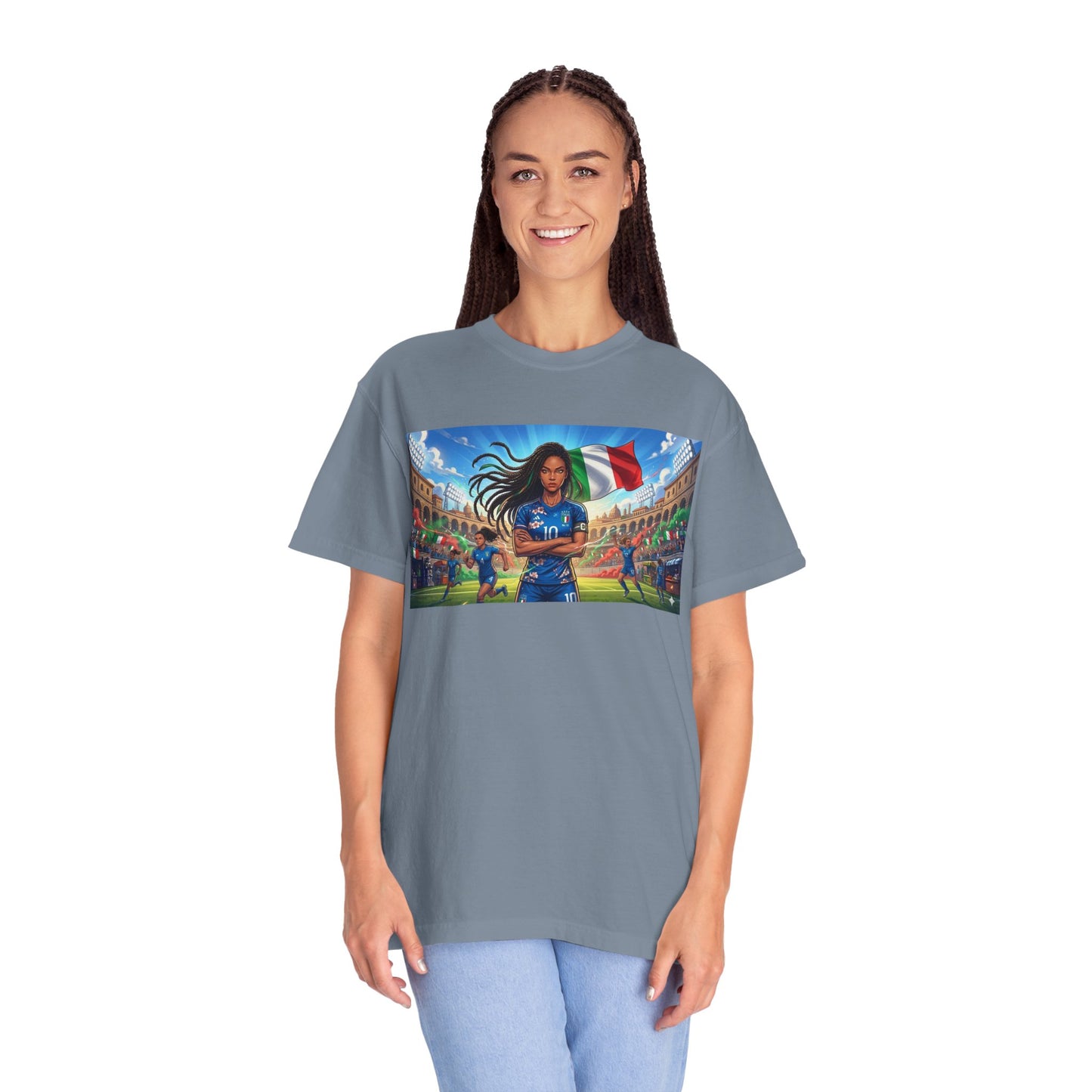 Italian Soccer Fan T‑Shirt – Inspirational Female Player with Italy Flag Stadium Print
