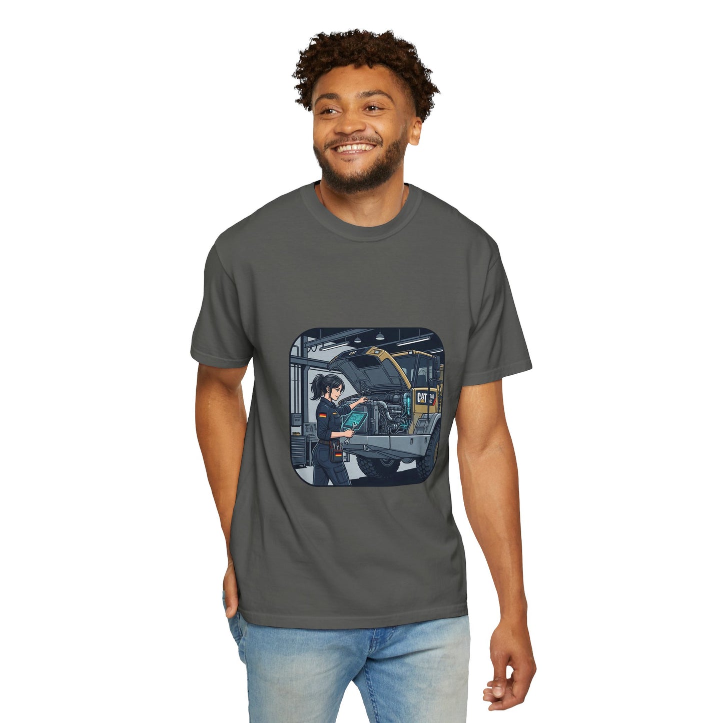 Mechanic Garage Scene T-Shirt — Vintage Truck Repair Illustration