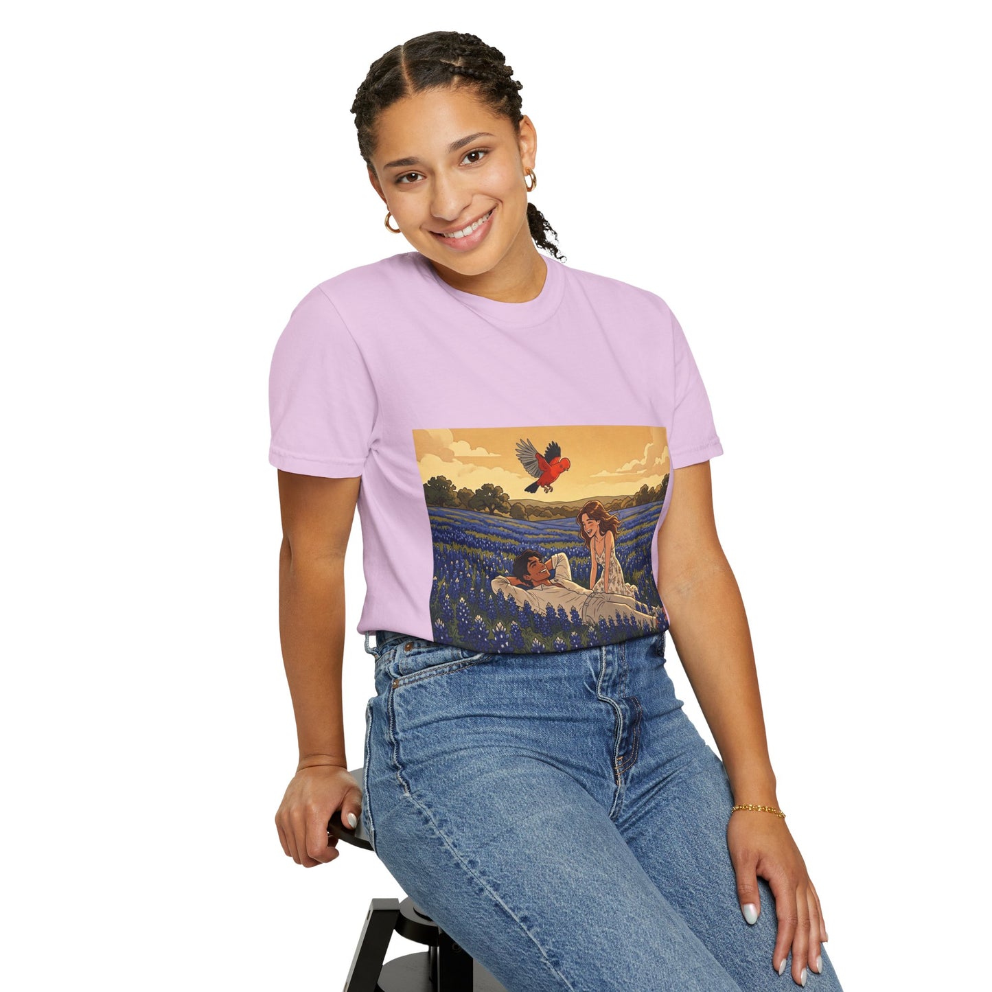 Romantic Bluebonnet Field T-Shirt — Couple in Wildflower Meadow Art Tee