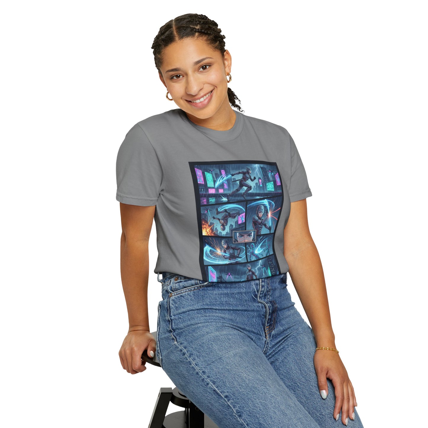 Cyberpunk Girl Samurai T-Shirt — Neon Manga Panel Graphic Tee
