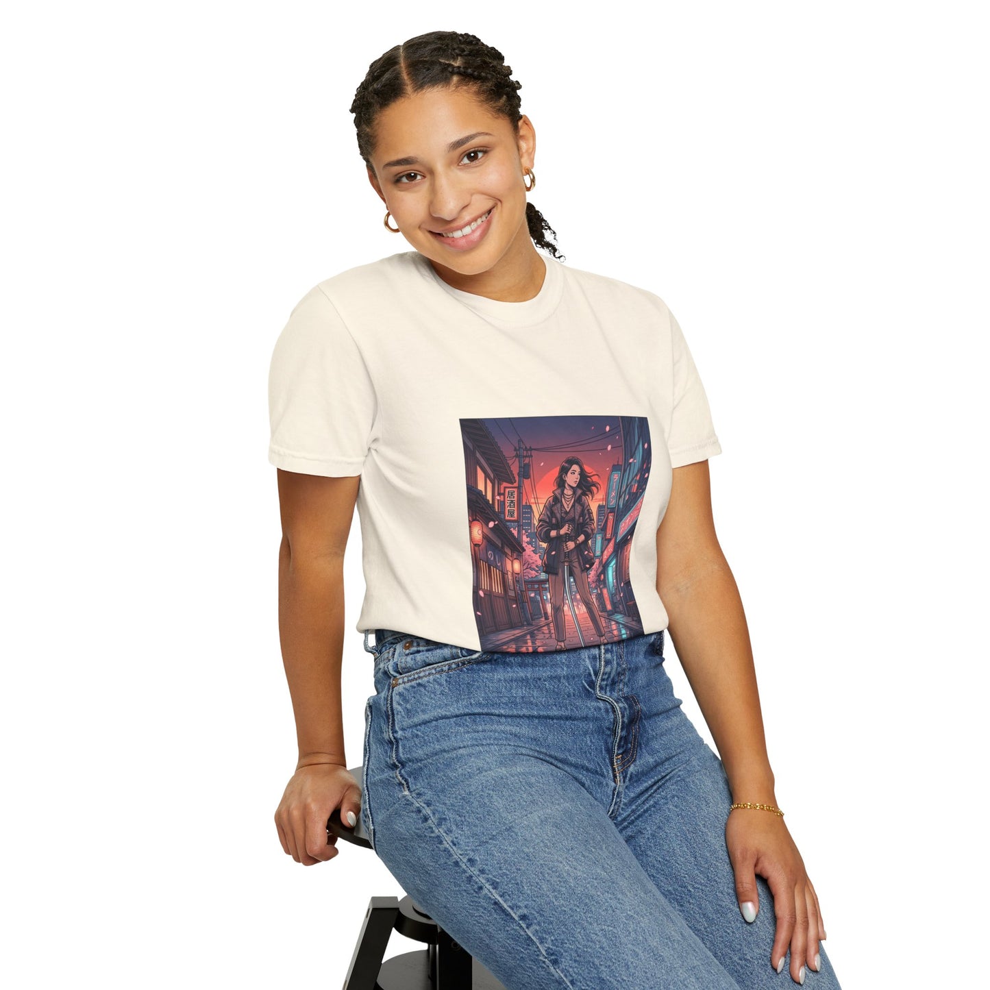 Cyberpunk Night Streets T‑Shirt — Neon Samurai Girl Graphic Tee
