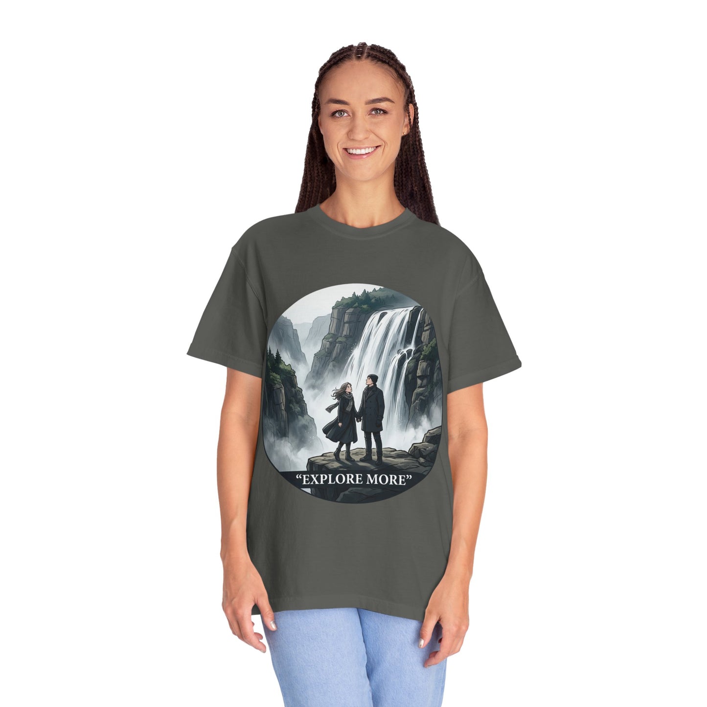 Explore More T-Shirt — Adventure Graphic Tee with Waterfall Scene