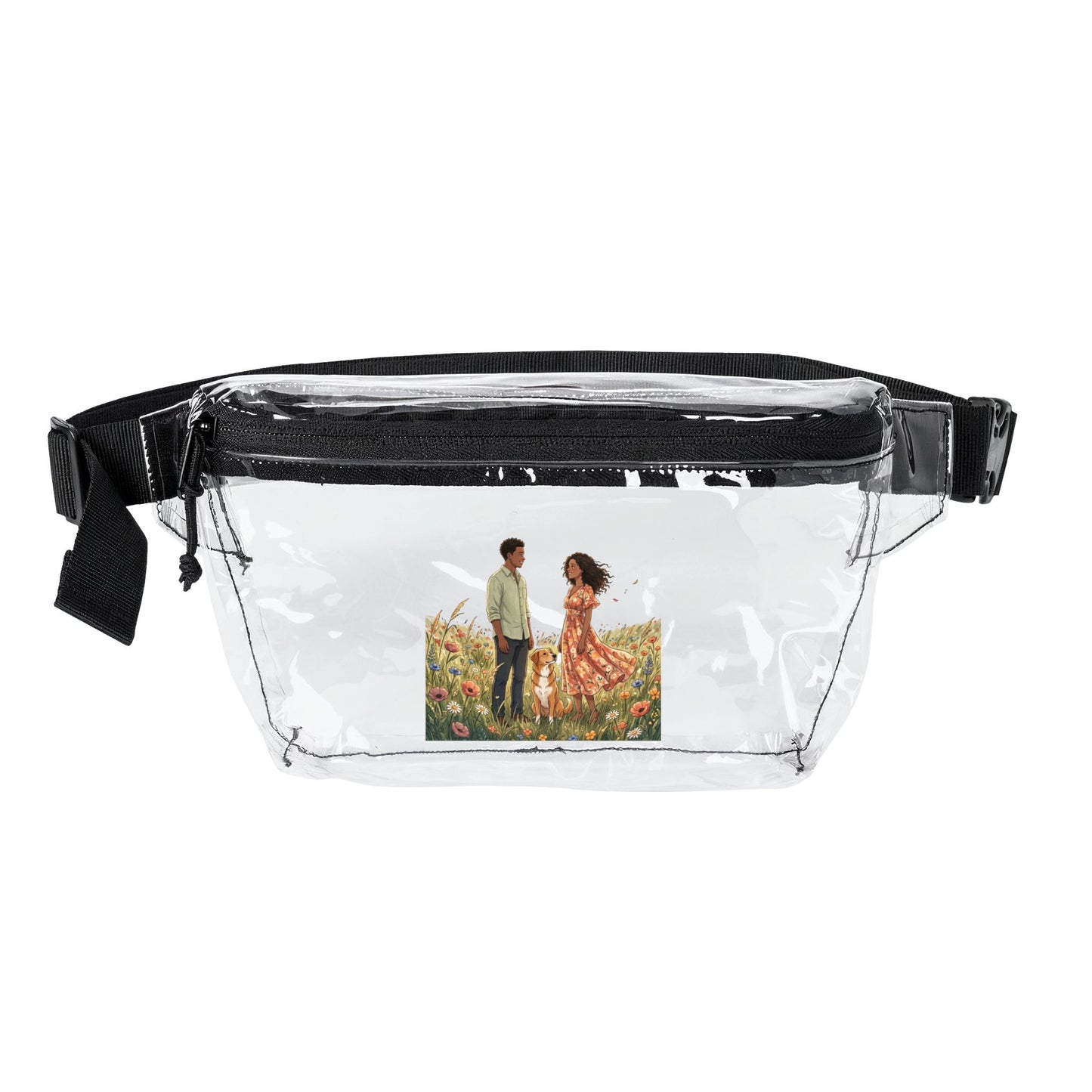 Transparent/Black Clear Fanny Pack with Floral Couple Art - Festival Travel Waist Bag