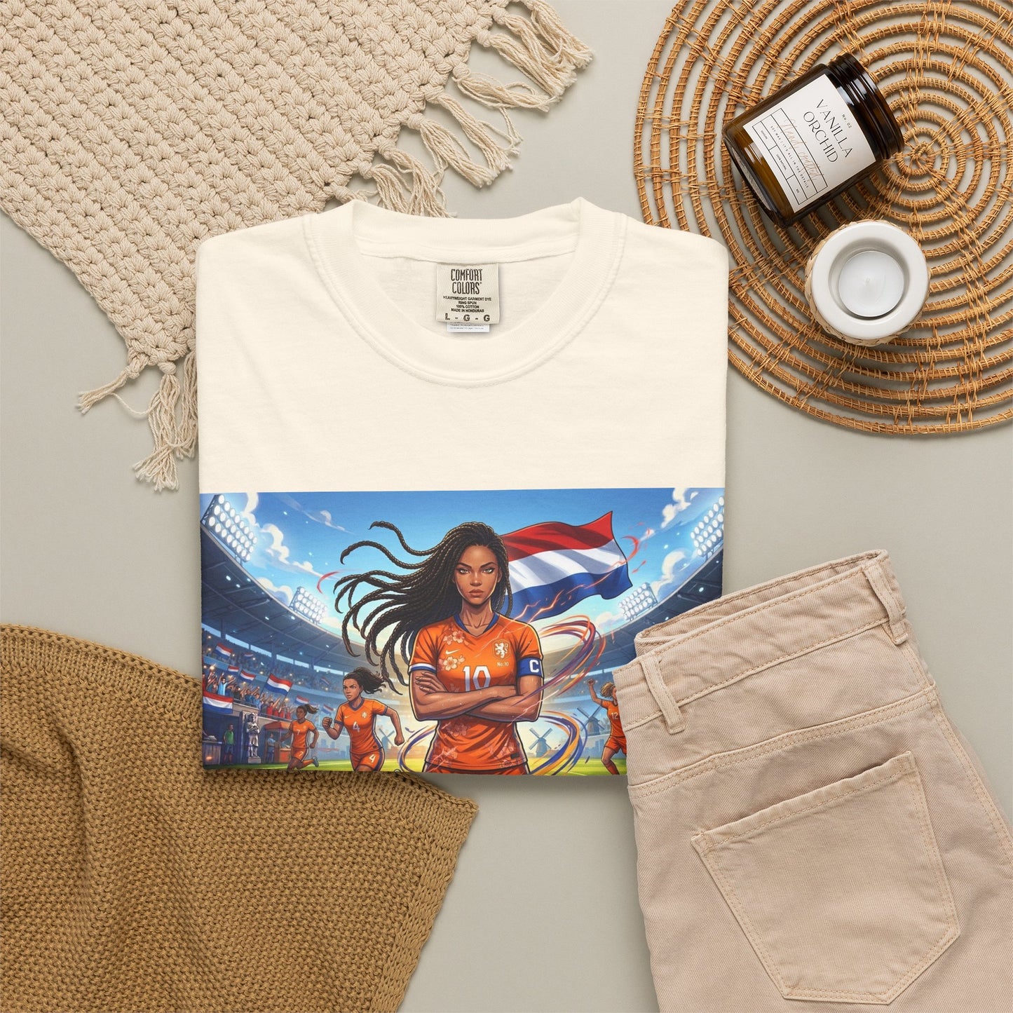 Soccer Warrior T-Shirt — Netherlands Female Captain with Flag Stadium Graphic