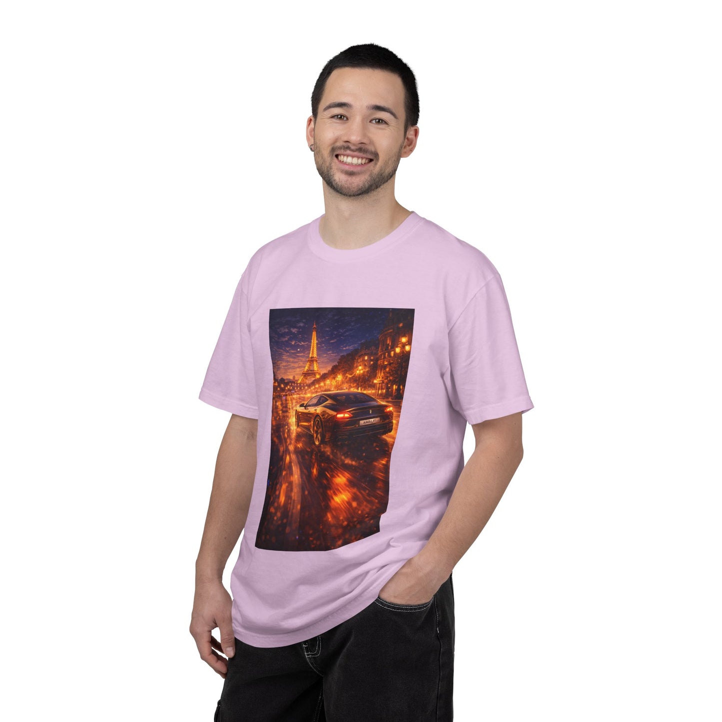 Paris Night Drive T-Shirt — Sports Car in Rainy Cityscape
