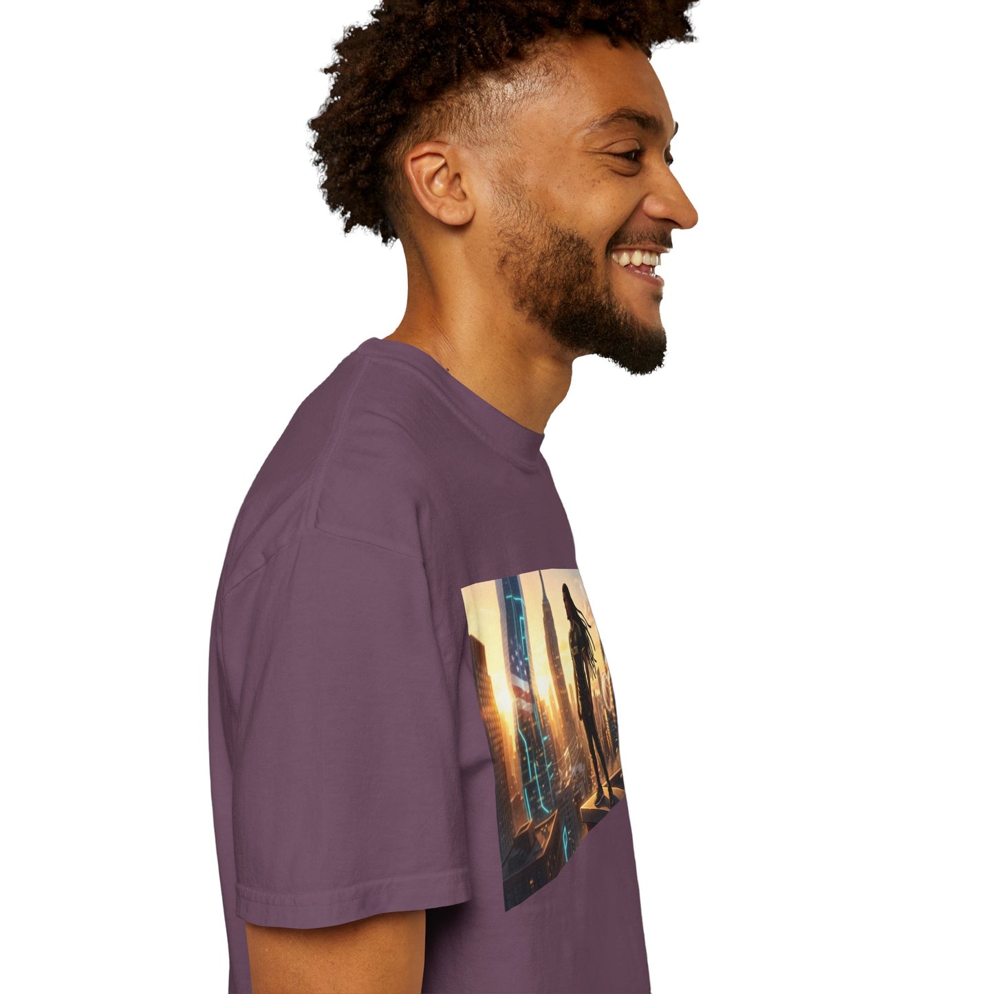 Cyberpunk Cityscape T-Shirt — Silhouette Hero at Sunset
