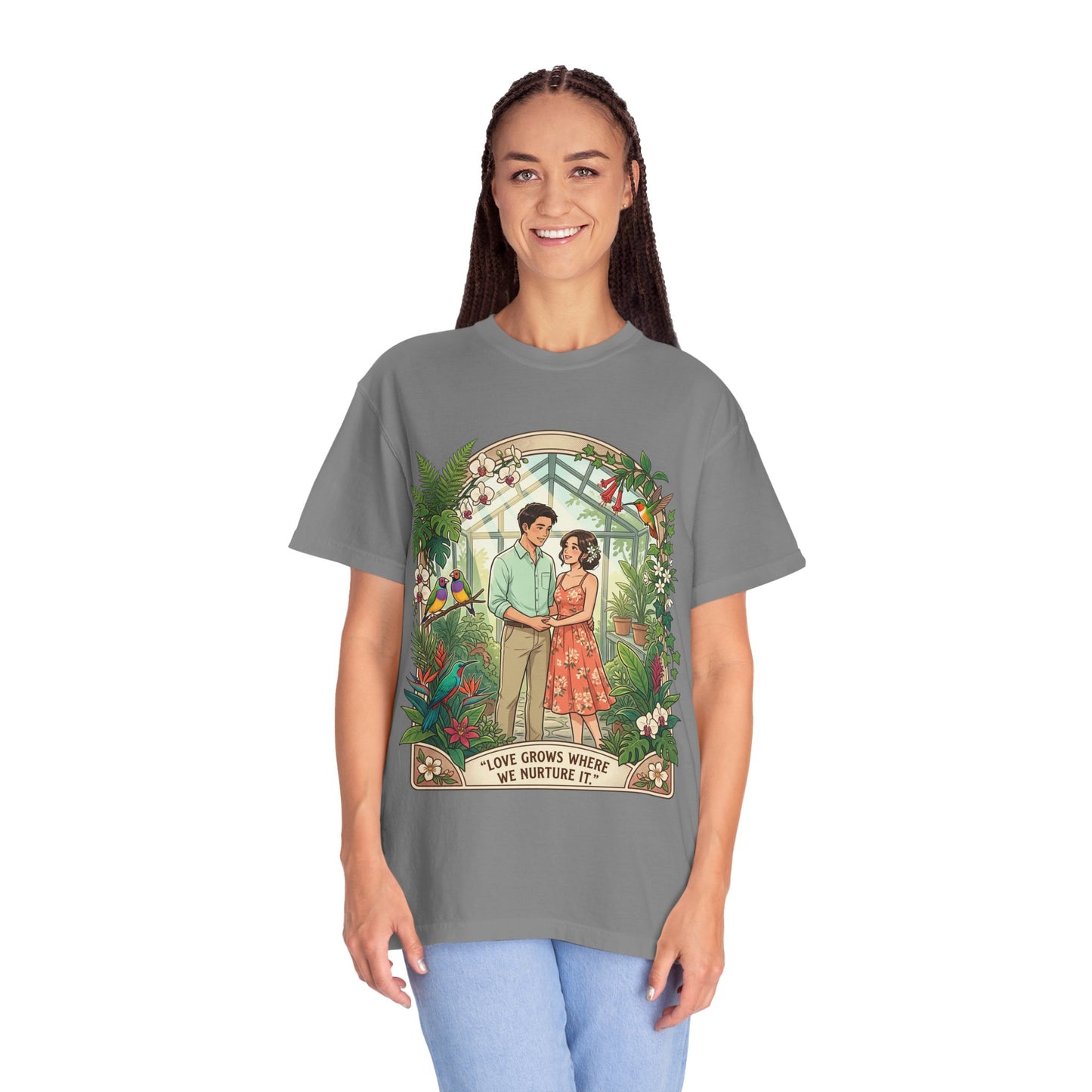 Romantic Greenhouse Couples T-Shirt — “Love Grows Where We Nurture It”