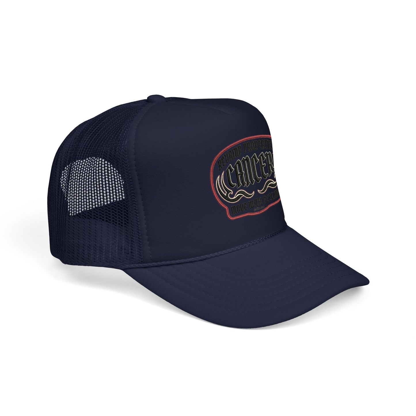 Cancer Zodiac Trucker Hat — Vintage Embroidered Skull & Crab Design