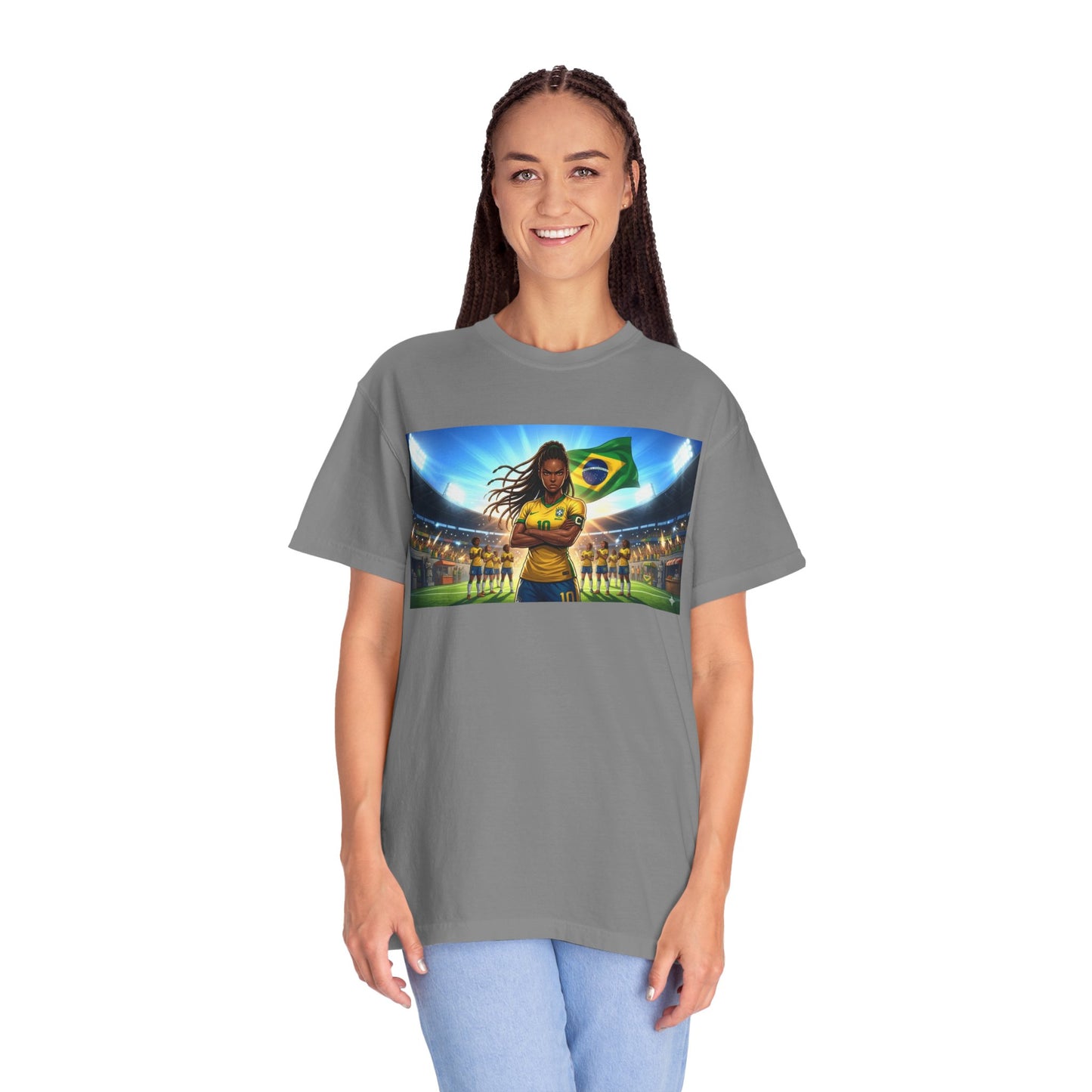 Brazil Soccer Captain T-Shirt — Player Holding Ball with Brazilian Flag Stadium Graphic