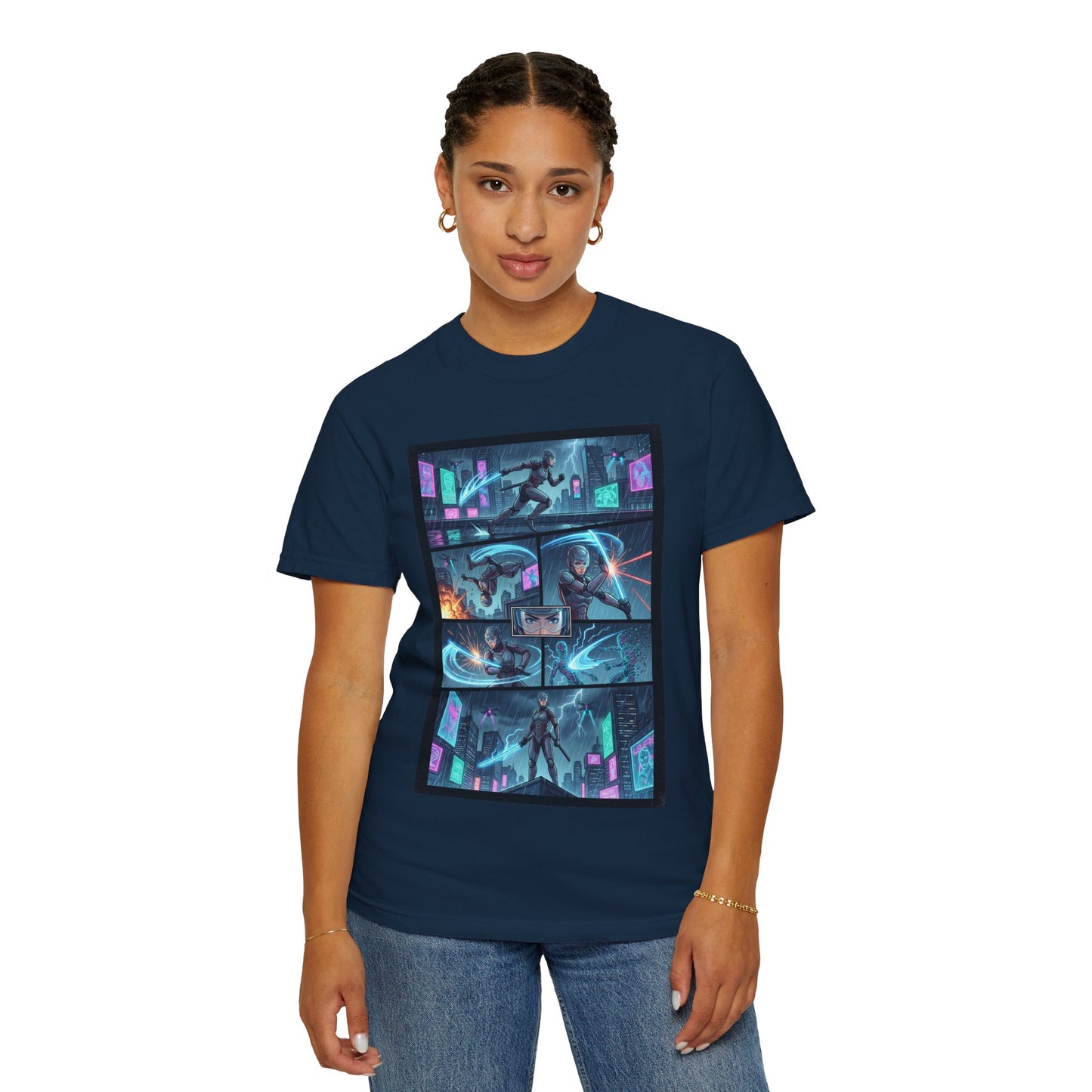 Cyberpunk Girl Samurai T-Shirt — Neon Manga Panel Graphic Tee