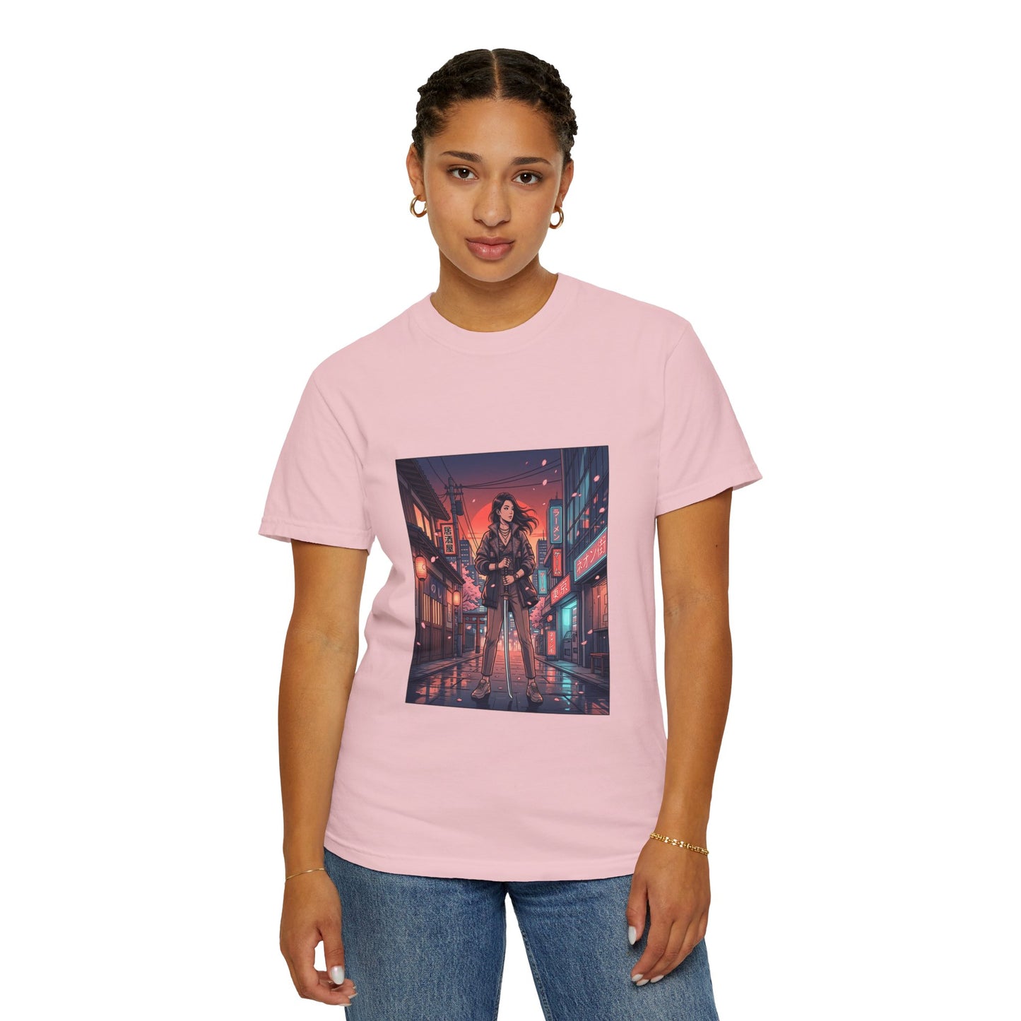 Cyberpunk Night Streets T‑Shirt — Neon Samurai Girl Graphic Tee