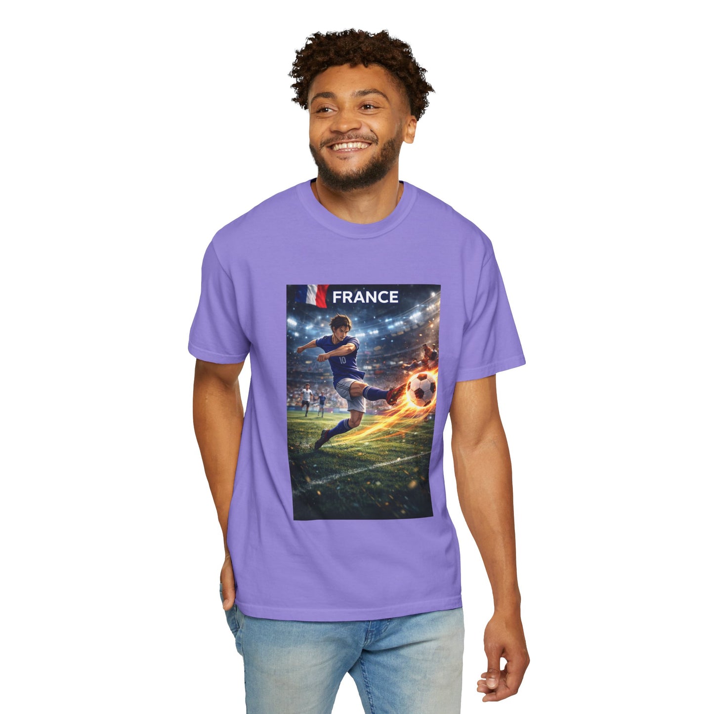 France Soccer Player Graphic T-Shirt — Football Kick Stadium Design
