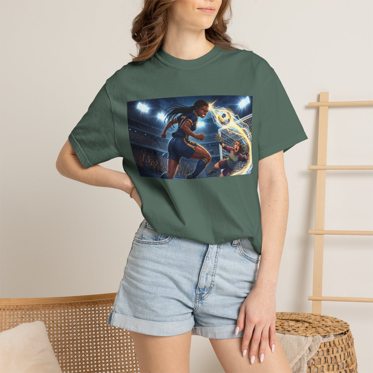 Soccer Duel Graphic T-Shirt — Futuristic Goalkeeper vs Striker Stadium Print
