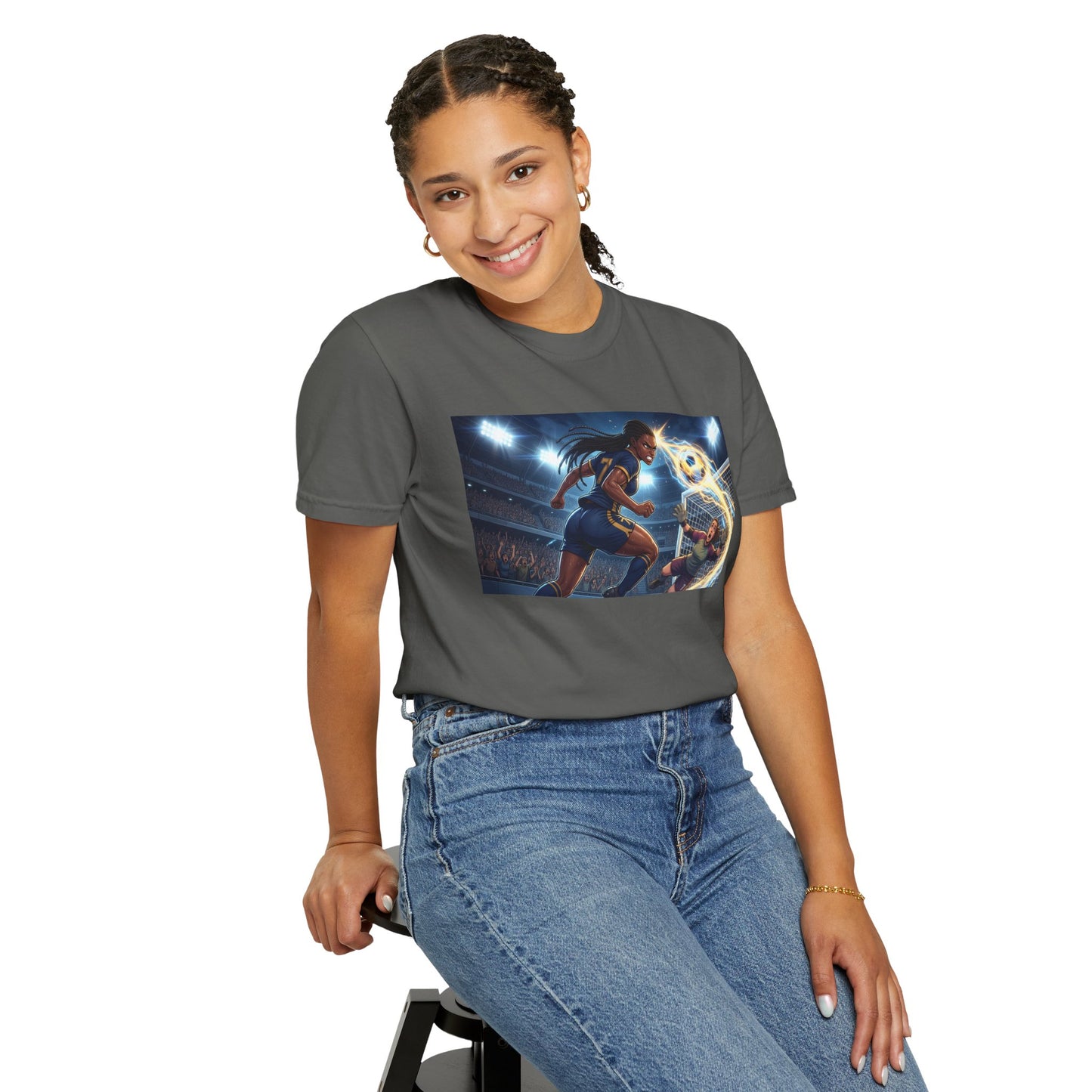 Soccer Duel Graphic T-Shirt — Futuristic Goalkeeper vs Striker Stadium Print