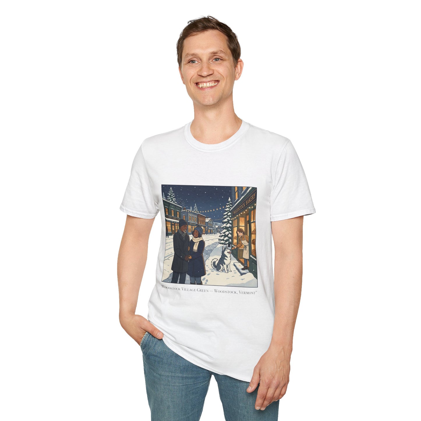 Winter String Lights Stroll T-Shirt — Cozy Holiday Street Scene Graphic Tee