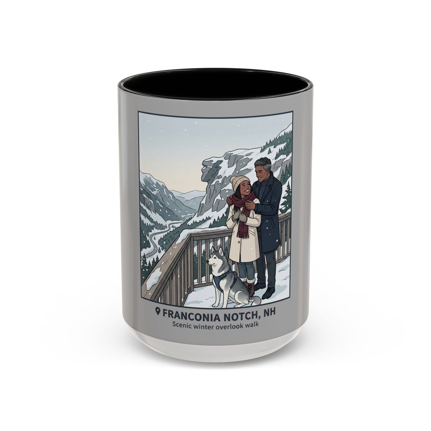 Franconia Notch Scenic Winter Mug — Couples & Dog Snowy Overlook Coffee Cup (11/15oz)
