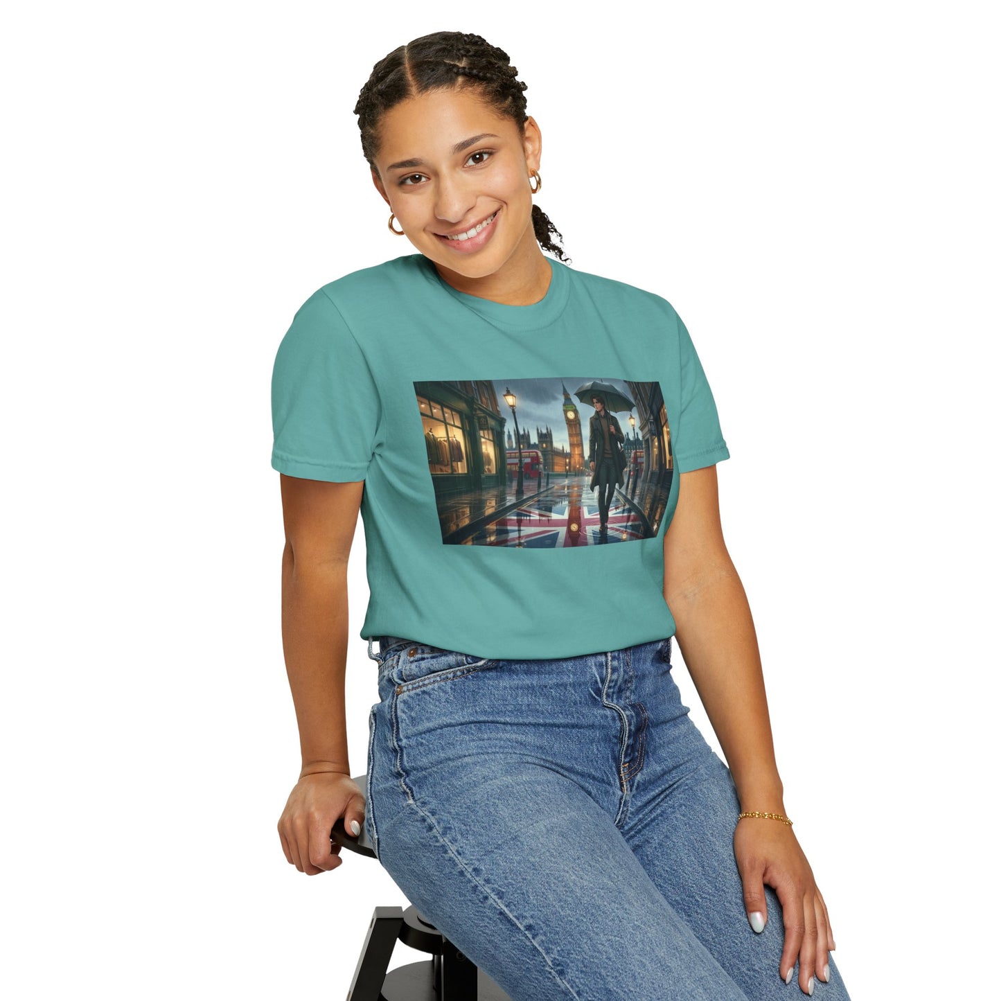 T-Shirt — Rainy London Street Scene Graphic Tee (Big Ben, Umbrella, Night Cityscape)