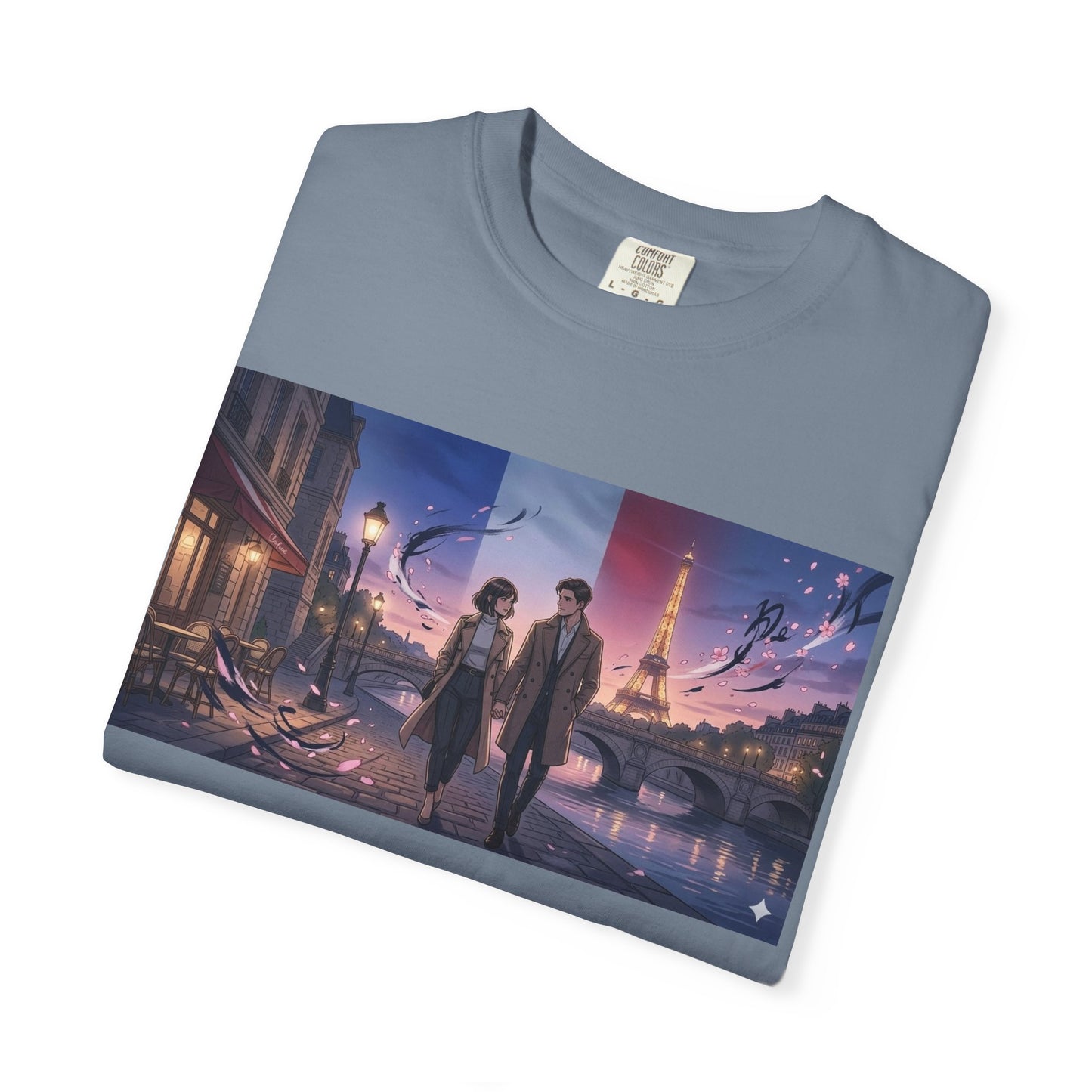 Couple Walking, Eiffel Tower - T-Shirt — Romantic Paris Nightscape Graphic Tee