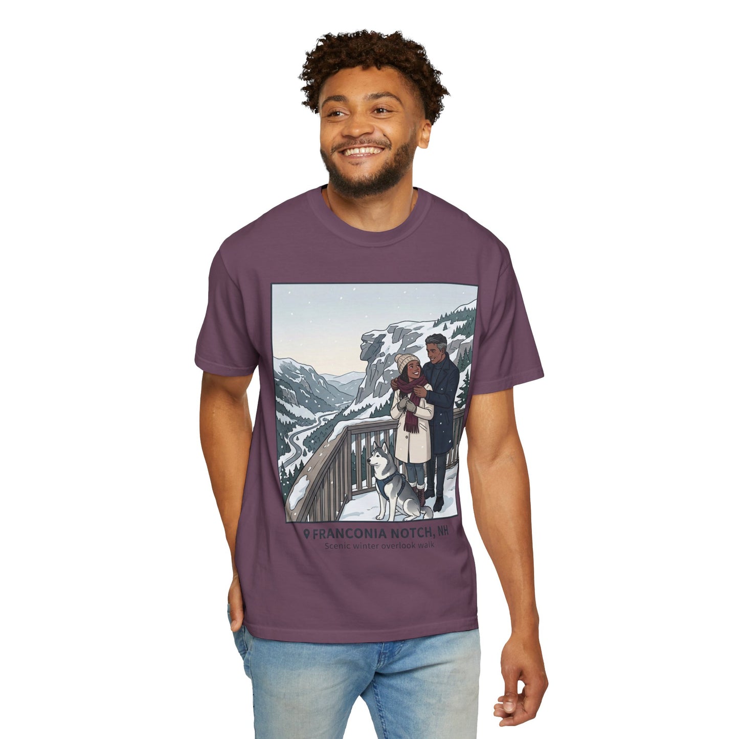 Franconia Notch NH Winter View T-Shirt — Scenic Couple & Husky Travel Tee