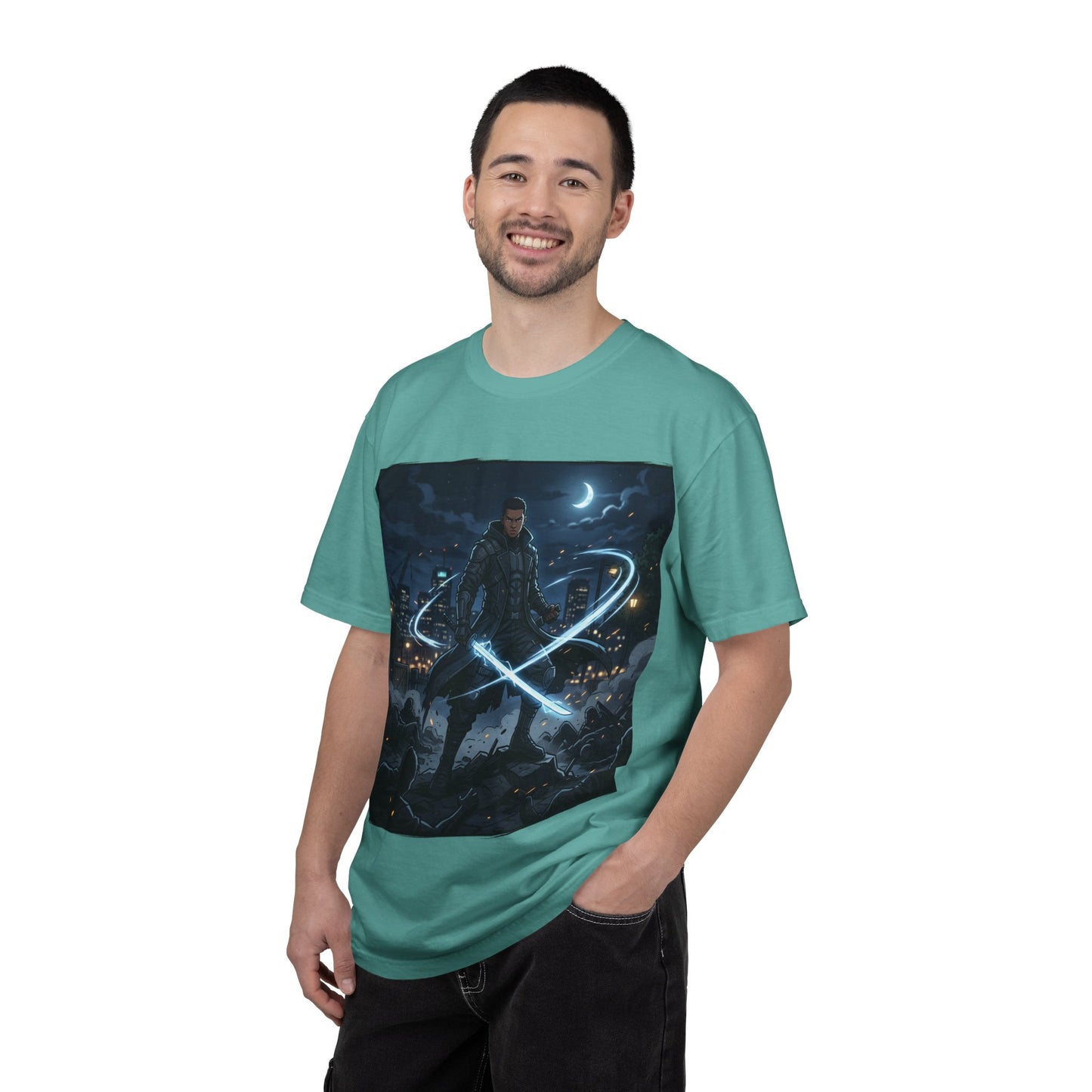 Urban Night Warrior T-Shirt — Neon Samurai Cityscape