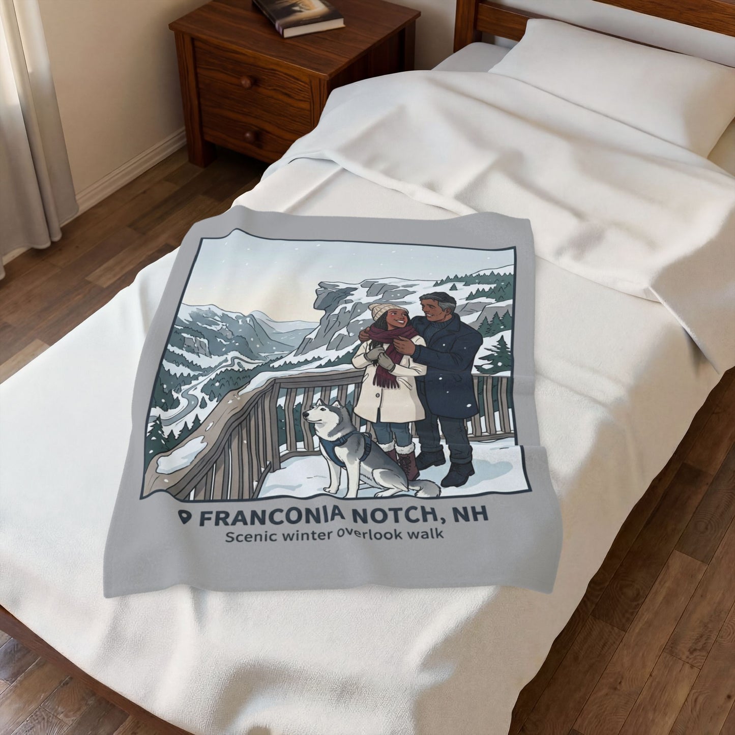 Velveteen Blanket — Franconia Notch NH Winter Scenic Throw with Couple & Husky