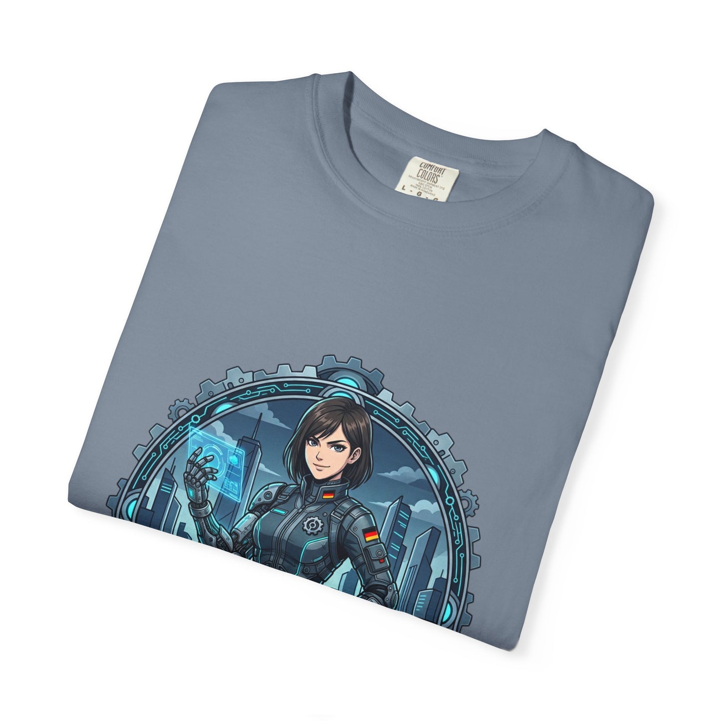 Cyber Ninja Graphic T-Shirt — Futuristic Female Warrior Illustration