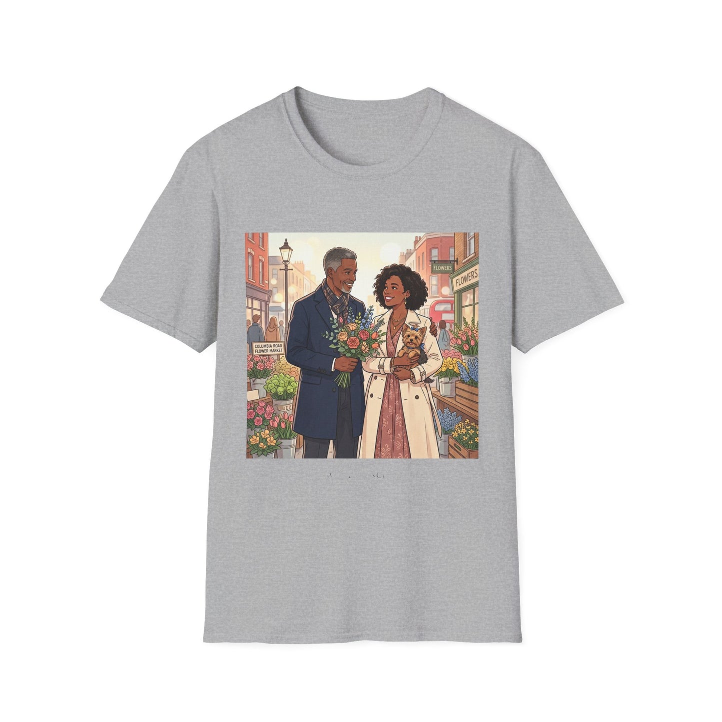 Romantic City Stroll T-Shirt — Couple Bouquet Illustration