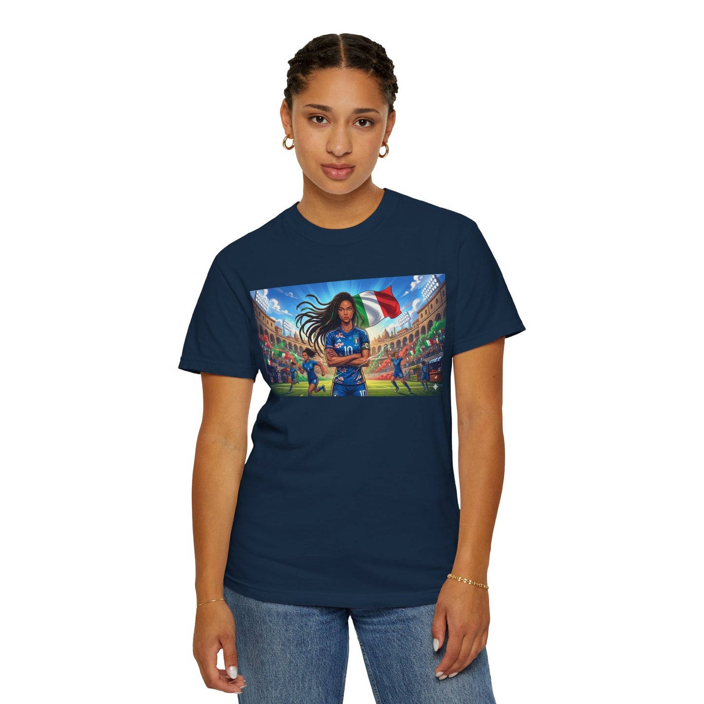 Italian Soccer Fan T‑Shirt – Inspirational Female Player with Italy Flag Stadium Print