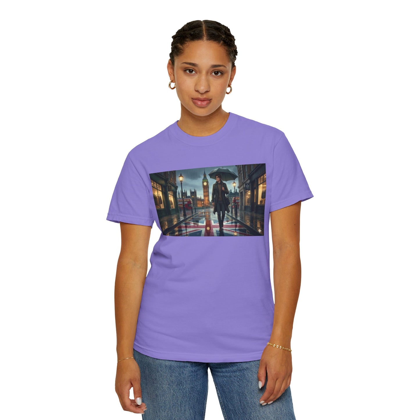 T-Shirt — Rainy London Street Scene Graphic Tee (Big Ben, Umbrella, Night Cityscape)