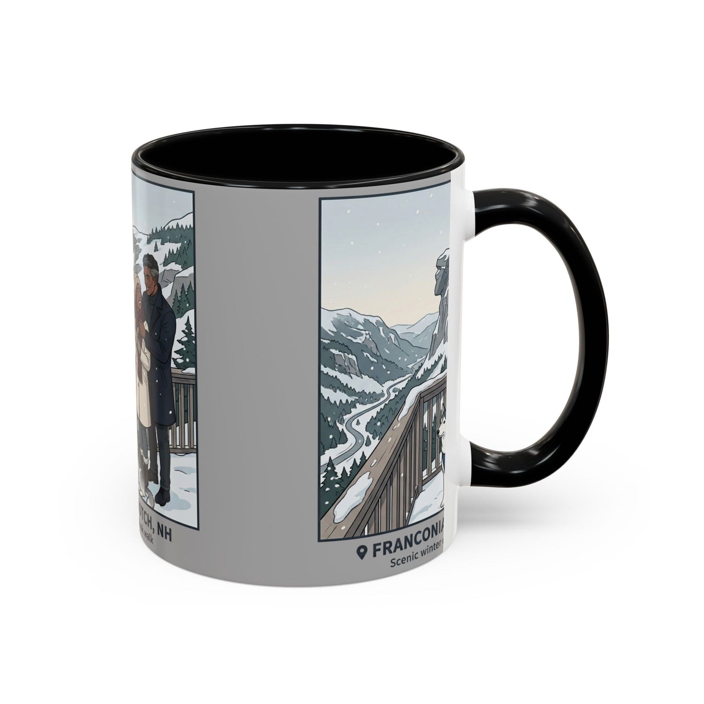 Franconia Notch Scenic Winter Mug — Couples & Dog Snowy Overlook Coffee Cup (11/15oz)