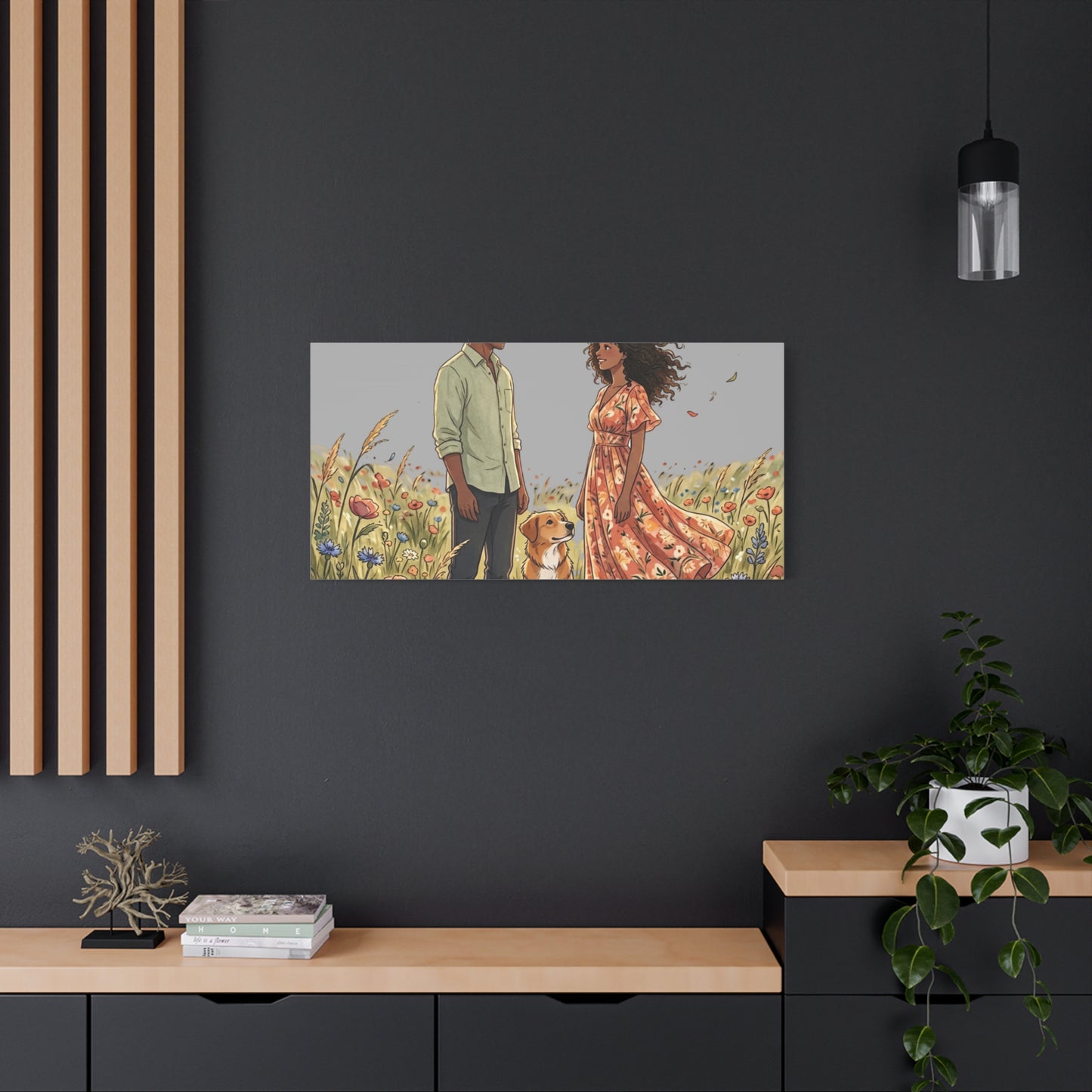 Romantic Couple in Wildflower Field Canvas Art — Black Love Wall Decor with Dog