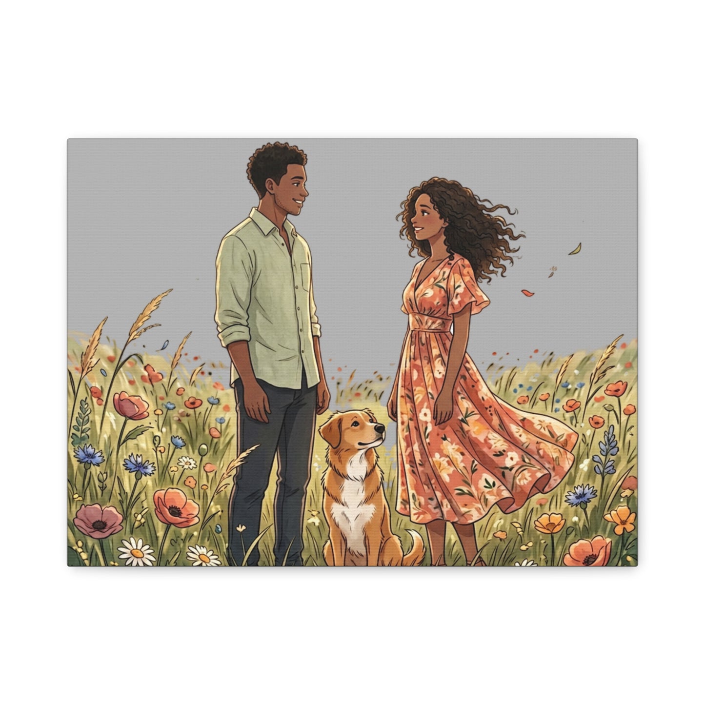 Romantic Couple in Wildflower Field Canvas Art — Black Love Wall Decor with Dog