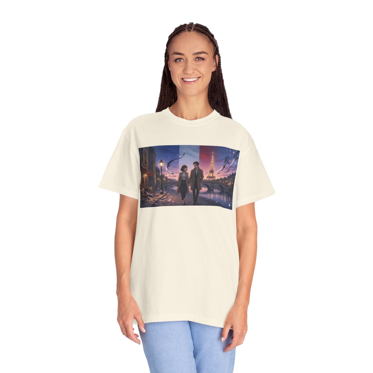 Couple Walking, Eiffel Tower - T-Shirt — Romantic Paris Nightscape Graphic Tee