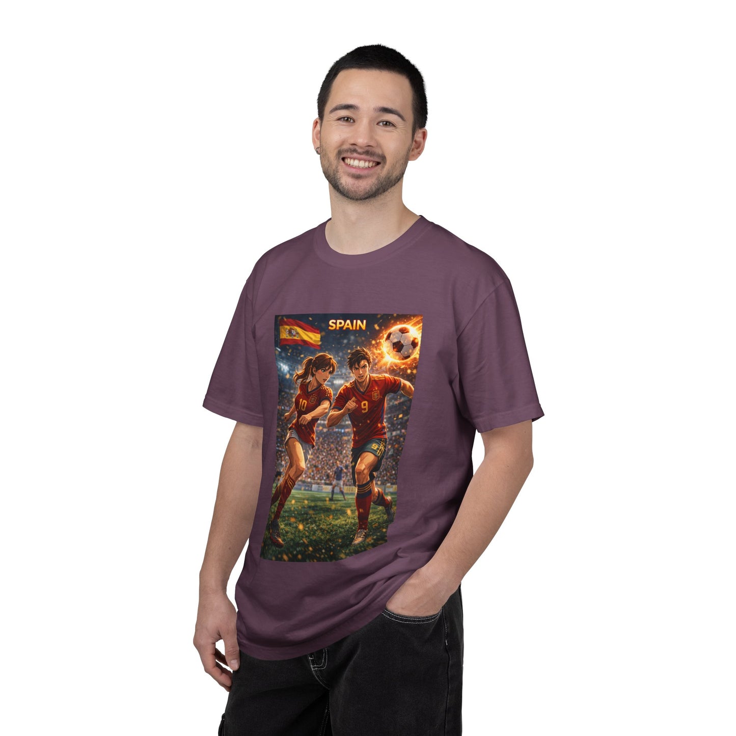 Spain Soccer Graphic T-Shirt — Retro Match Scene with Flag