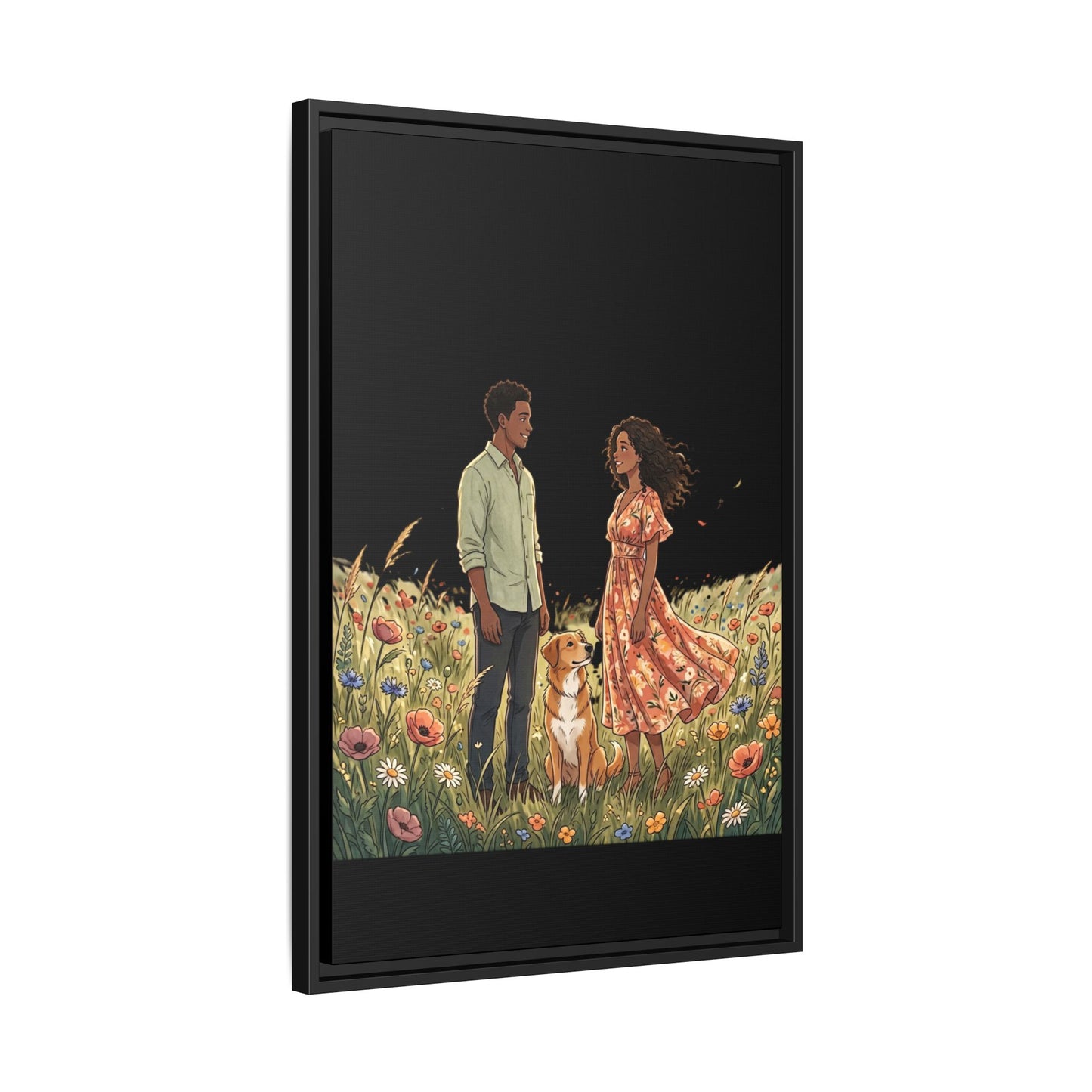 Framed Matte Canvas Print — Romantic Couple in Wildflower Field (Multi‑Color)