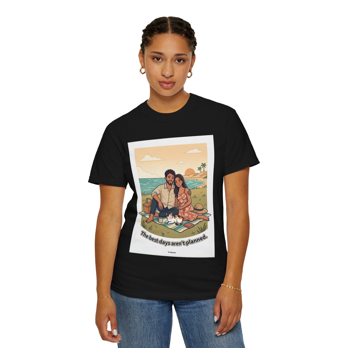 Beach Picnic Couple T‑Shirt — “The best days aren’t planned.” Relaxed Vacation Tee