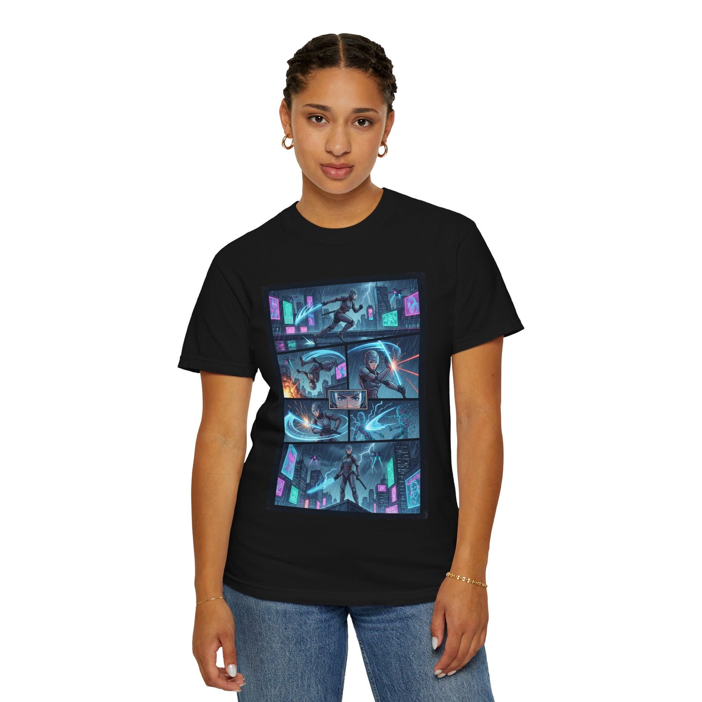 Cyberpunk Girl Samurai T-Shirt — Neon Manga Panel Graphic Tee