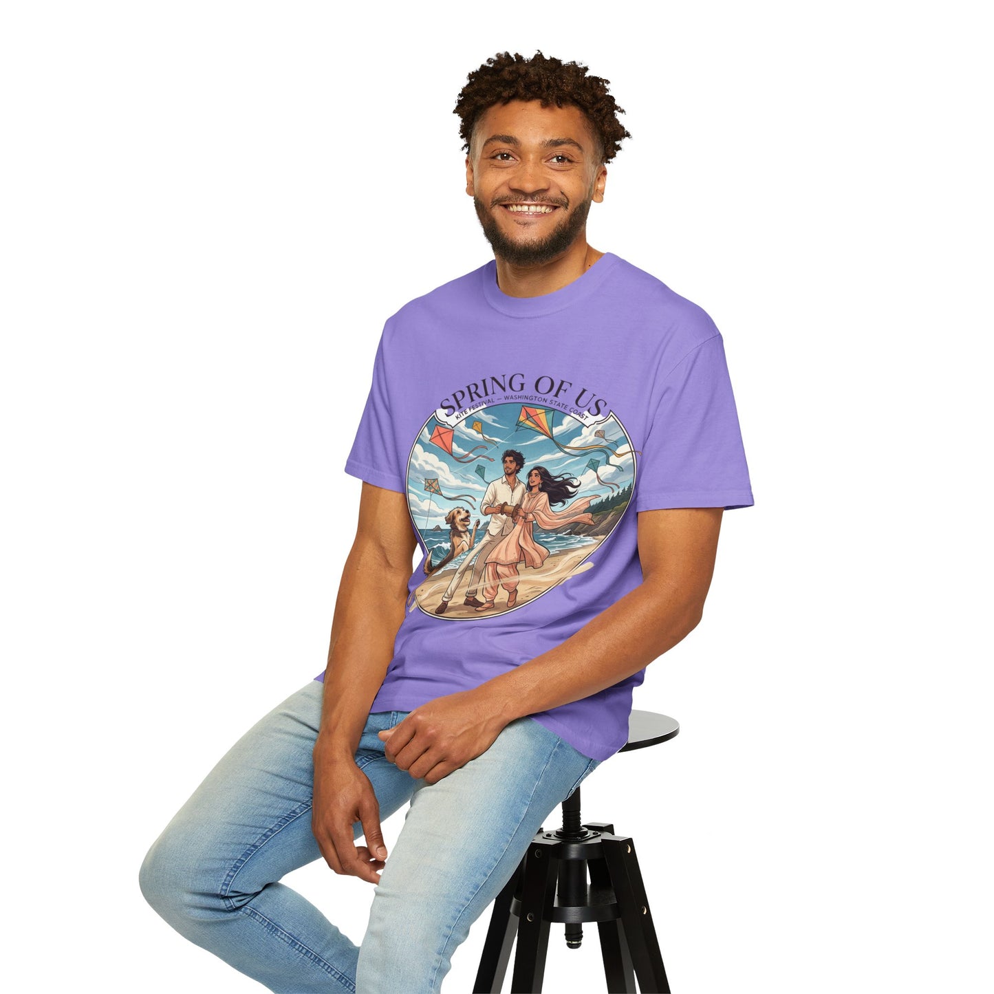 Spring of Us T-Shirt — Romantic Beach Couple Illustration with Dog