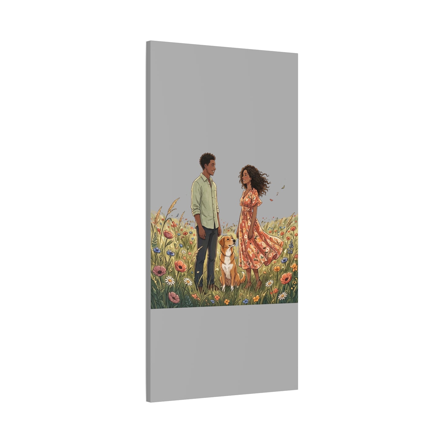 Romantic Couple in Wildflower Field Canvas Art — Black Love Wall Decor with Dog