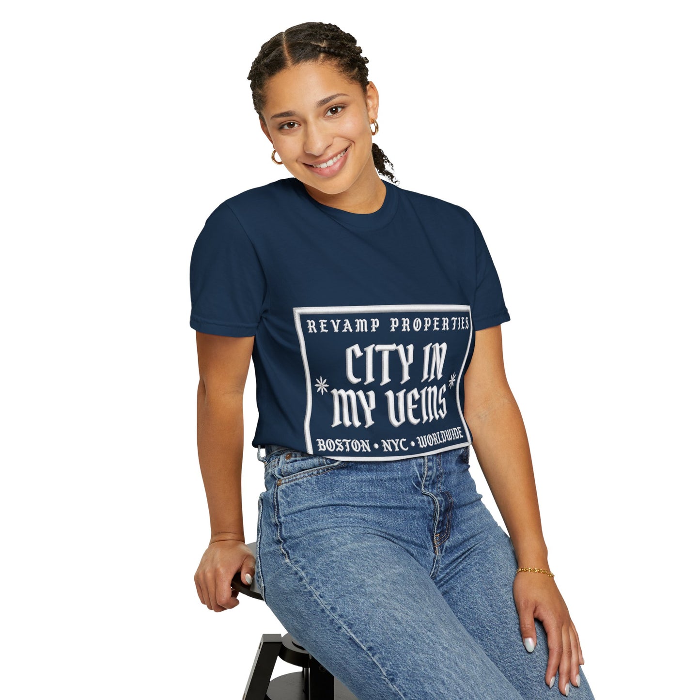 City In My Veins T‑Shirt — Vintage Cityscape Tee (Boston • NYC • Manchester)
