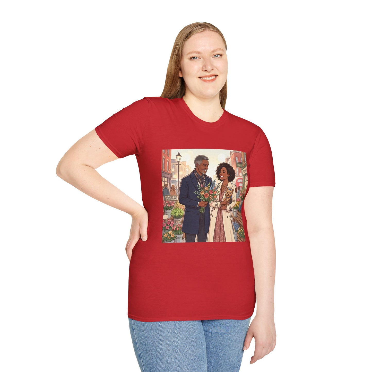 Romantic City Stroll T-Shirt — Couple Bouquet Illustration
