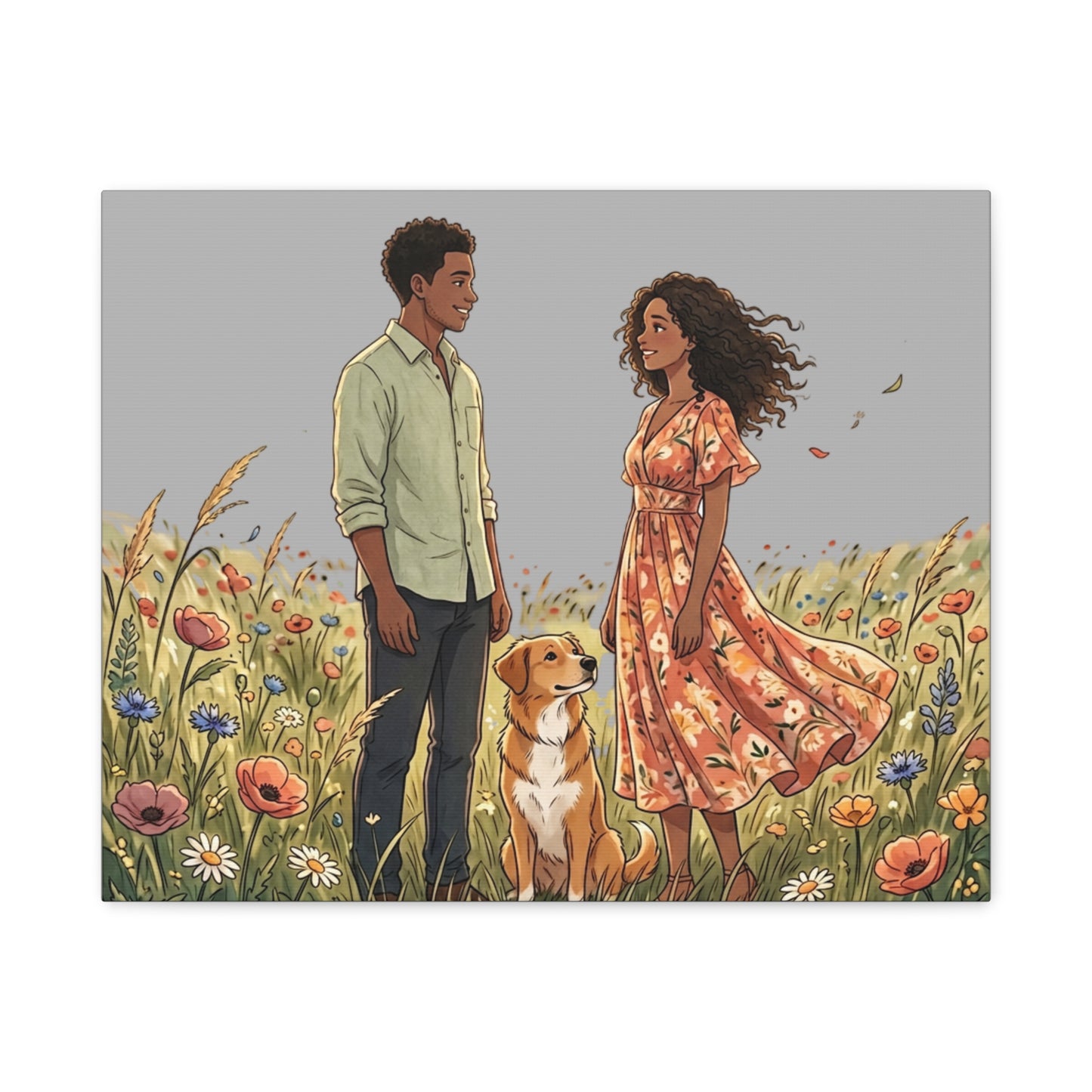 Romantic Couple in Wildflower Field Canvas Art — Black Love Wall Decor with Dog